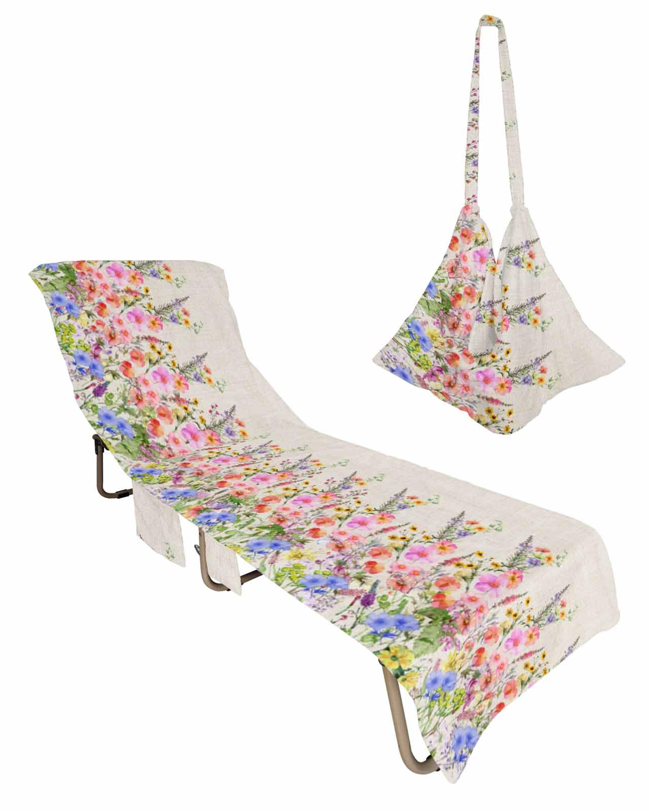 Spring Floral Beach Lounge Chair Towel Cover, Soft Chaise Lounge Towel with Side Pockets Patio Pool Chairs Cover for Beach/Pool Sunbathing 29x85 Farmhouse Colorful Summer Botanical