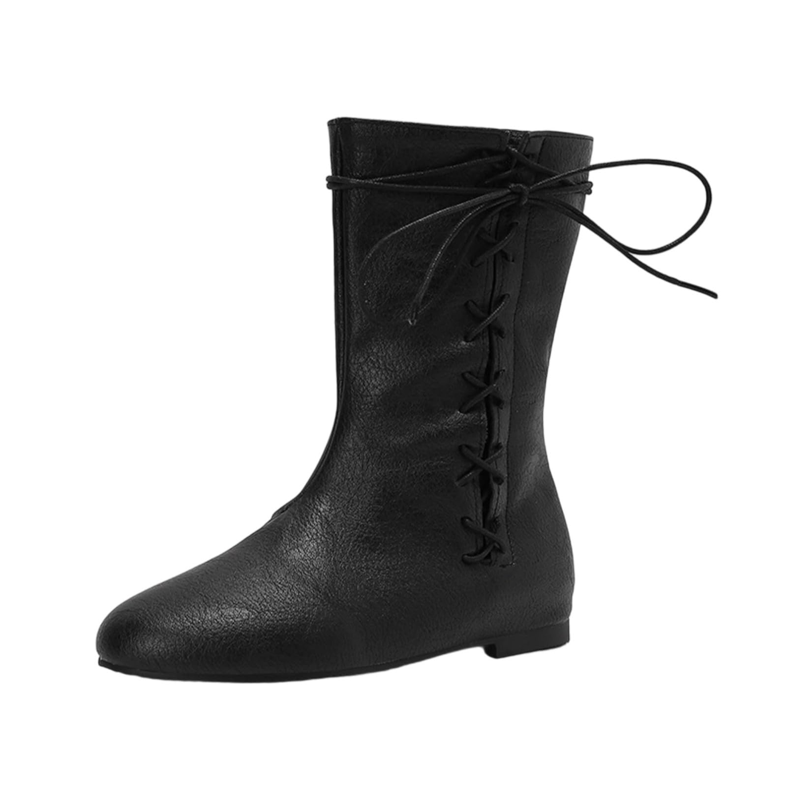 Mid Calf Boots for Women Flat Heel Short Boot Fall Winter Pointed Toe Boots Lace Up Western Cowgirl