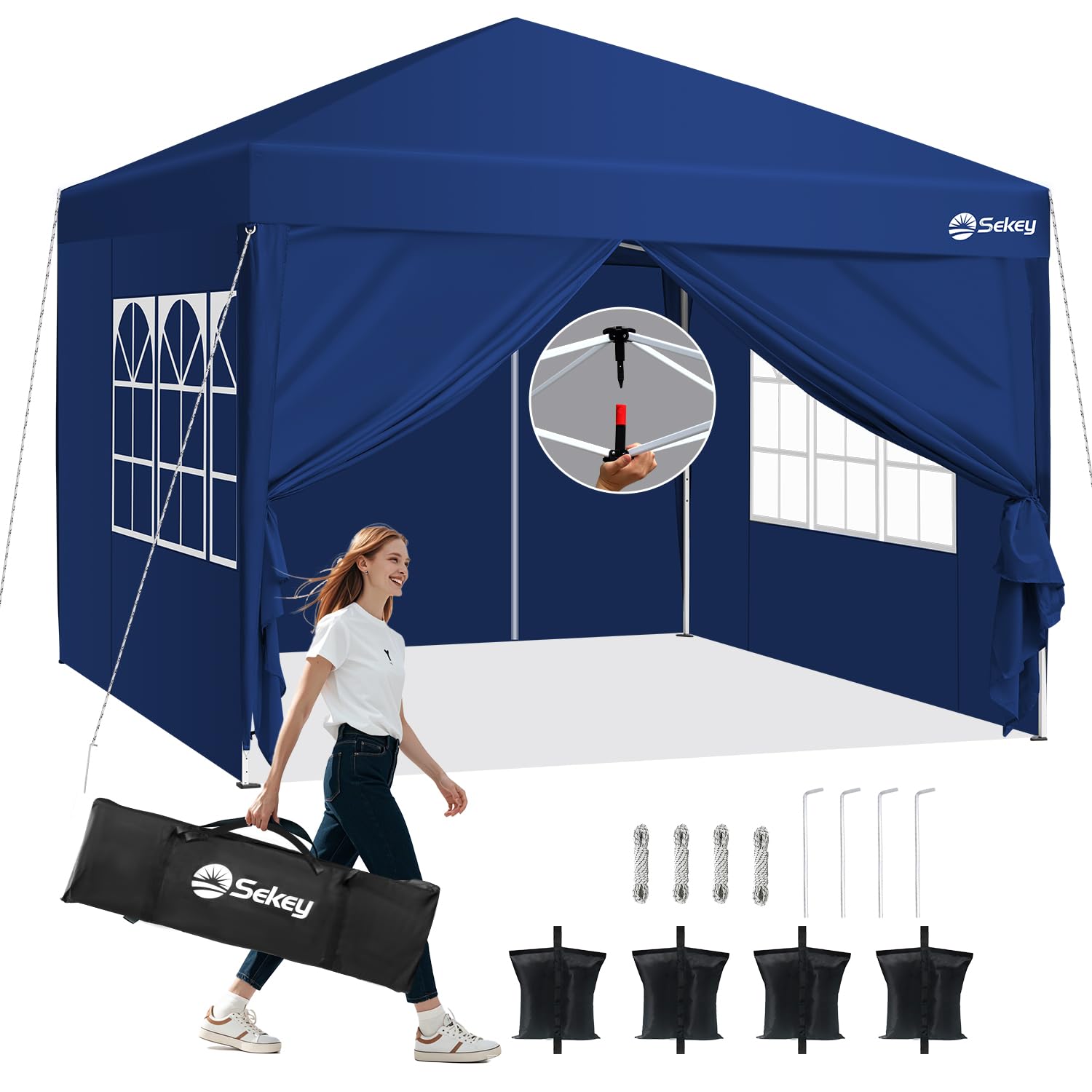 Sekey Pop Up Gazebo with Sides 3m x 3m, Heavy Duty Gazebo with Carry Bag, Instant Setup, Waterproof 1000mm - Marquee Garden Party Tent Outdoor, Navy