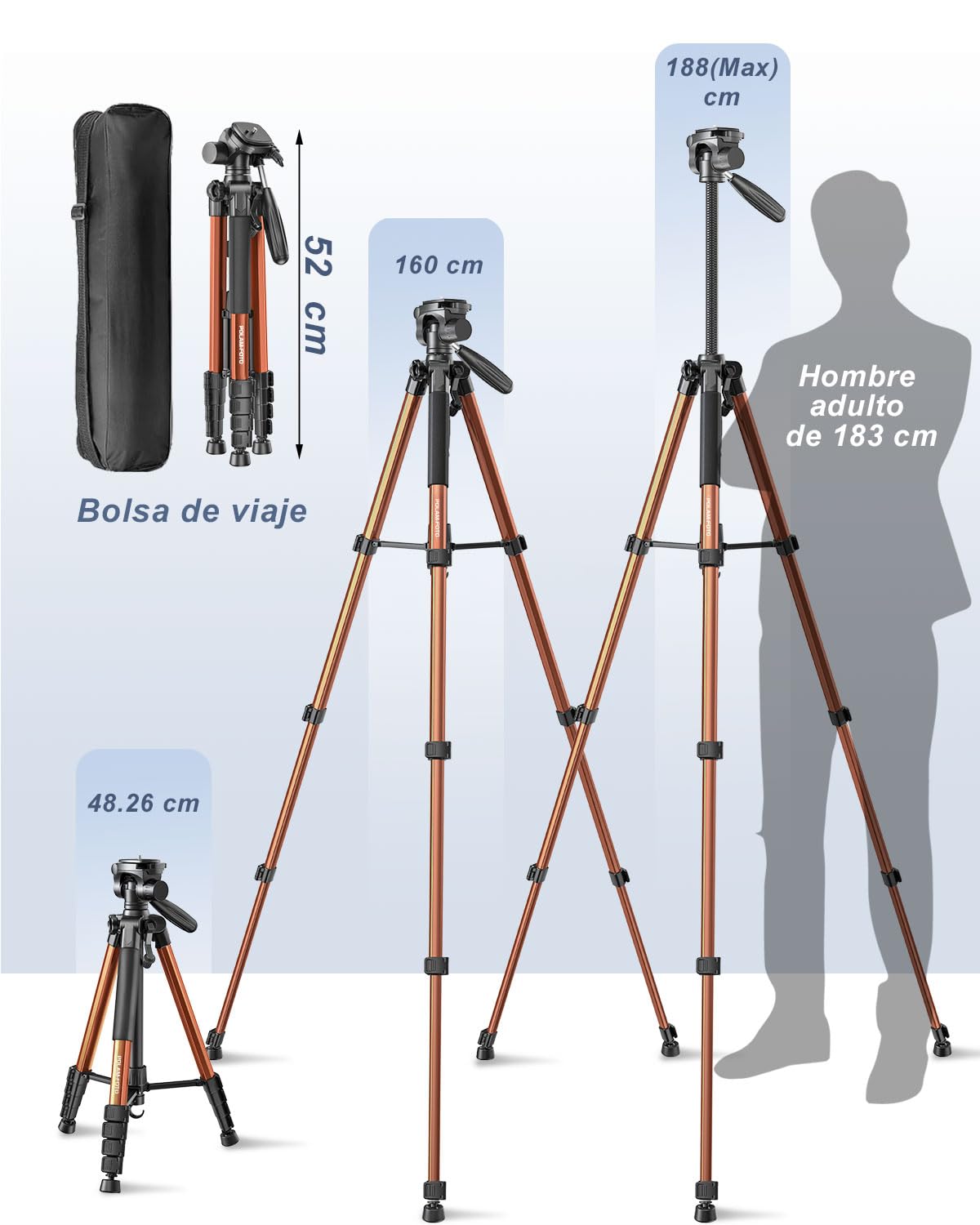 POLAM-FOTO Trípode para cámara de 188 cm, Soporte de trípode Resistente de Aluminio Porfessional, trípode Compacto con Bolsa de Transporte, con Soporte para teléfono （Naranja）