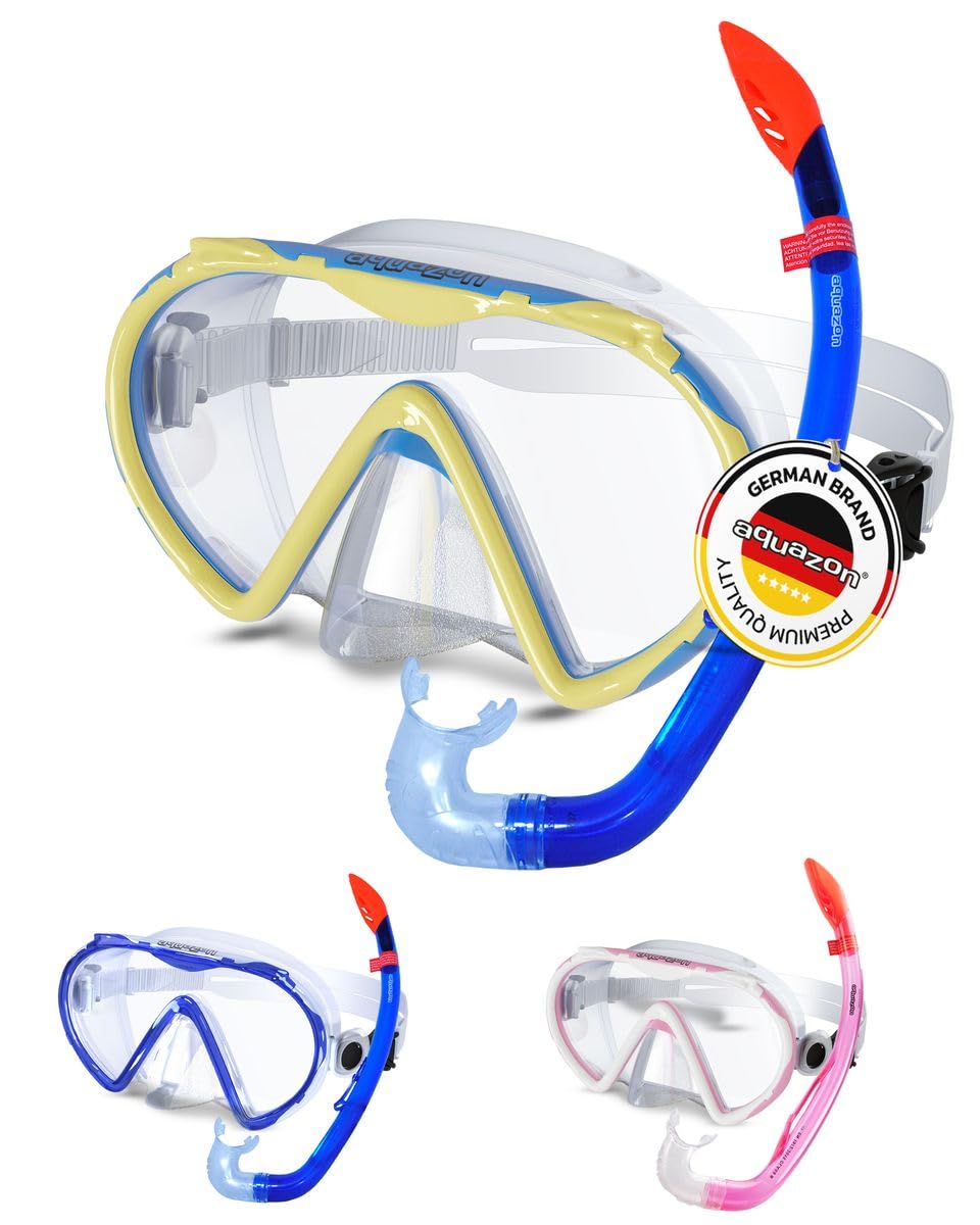 AQUAZON KORFU Wysokiej jakości zestaw do snorkelingu, zestaw do nurkowania, zestaw do pływania, gogle do snorkelingu ze szkłem hartowanym, fajka z półsuchym topem dla dzieci, młodzieży od 7-12 lat.