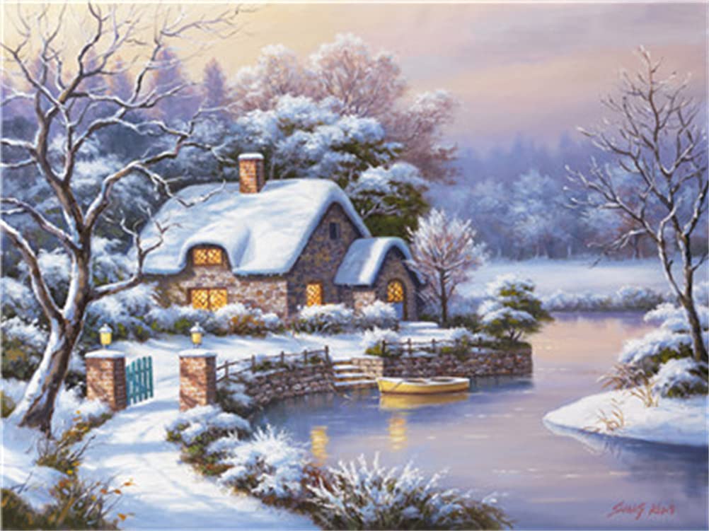 Meecaa Snow Scene Paint By Numbers Snow Creek Tree Winter House Light Kit For Adults Beginner Diy Oil Painting 16X20 Inch (, No Frame)