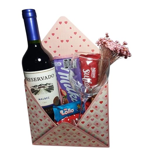 Cesta Criativa Natal Aniversário Vinho, Chocolates e Taça