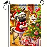 BlissYard Christmas Pug and Cat Garden Flag 12x18 Inch Double Sided Merry Christmas Yard Banner Festive Pug Dog and Cat With Antlers by Christmas Tree Holiday Outdoor Lawn Porch Patio Pathway Seasonal Home Decoration