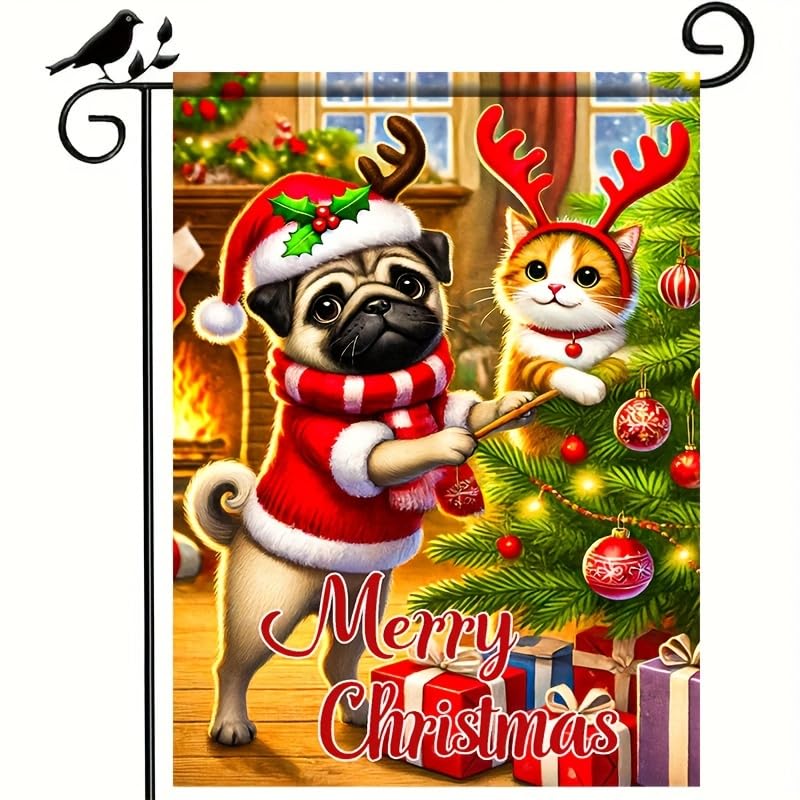Image of BlissYard Christmas Pug and Cat Garden Flag 12x18 Inch Double Sided Merry Christmas Yard Banner Festive Pug Dog and Cat With Antlers by Christmas Tree Holiday Outdoor Lawn Porch Patio Pathway Seasonal Home Decoration