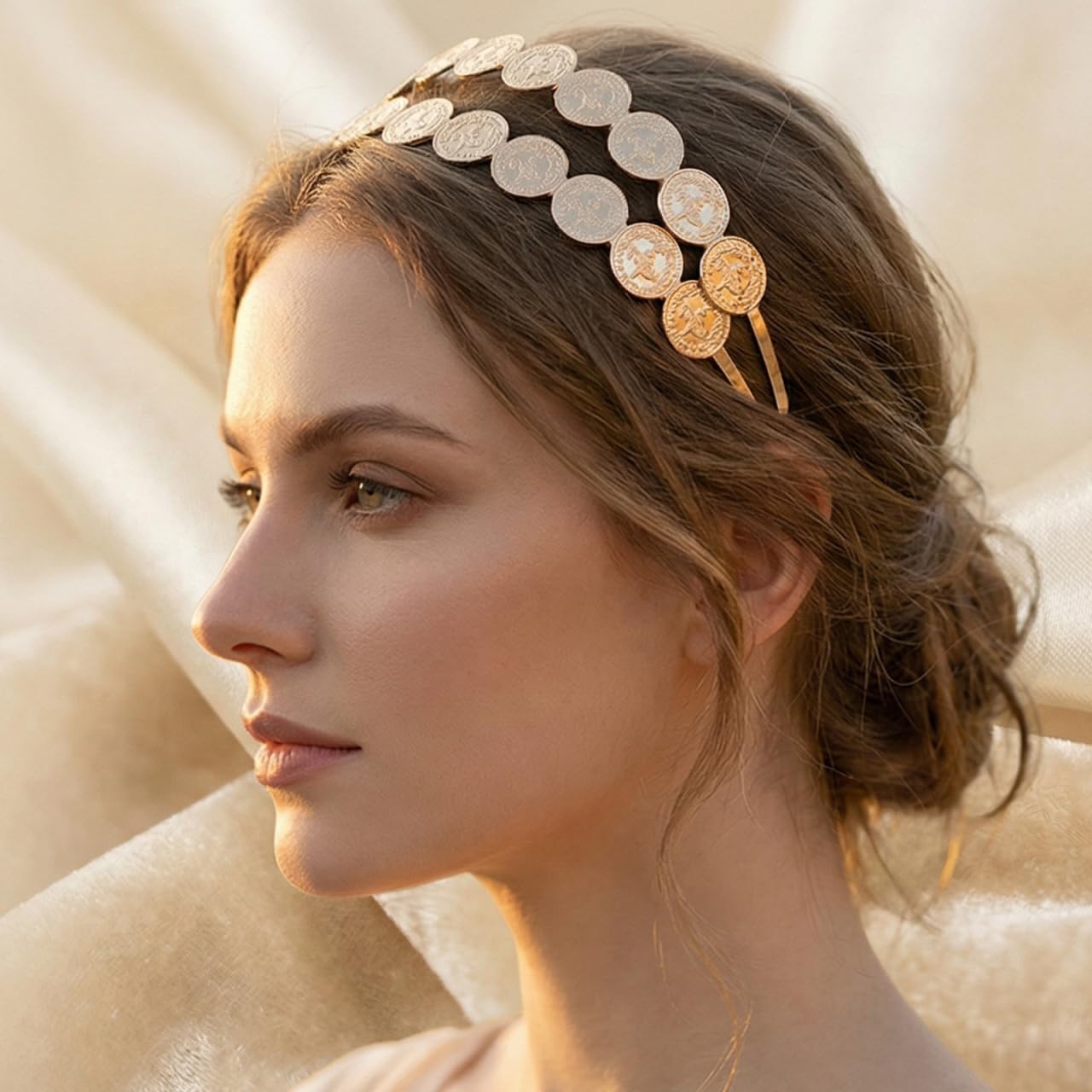 Ipetboom Double Layer Metal Coin Headband for Women - Vintage Hair Accessories for Weddings Parties Festivals Everyday Wear Lightweight Portable Fashionable Headwear Hair Band - Golden