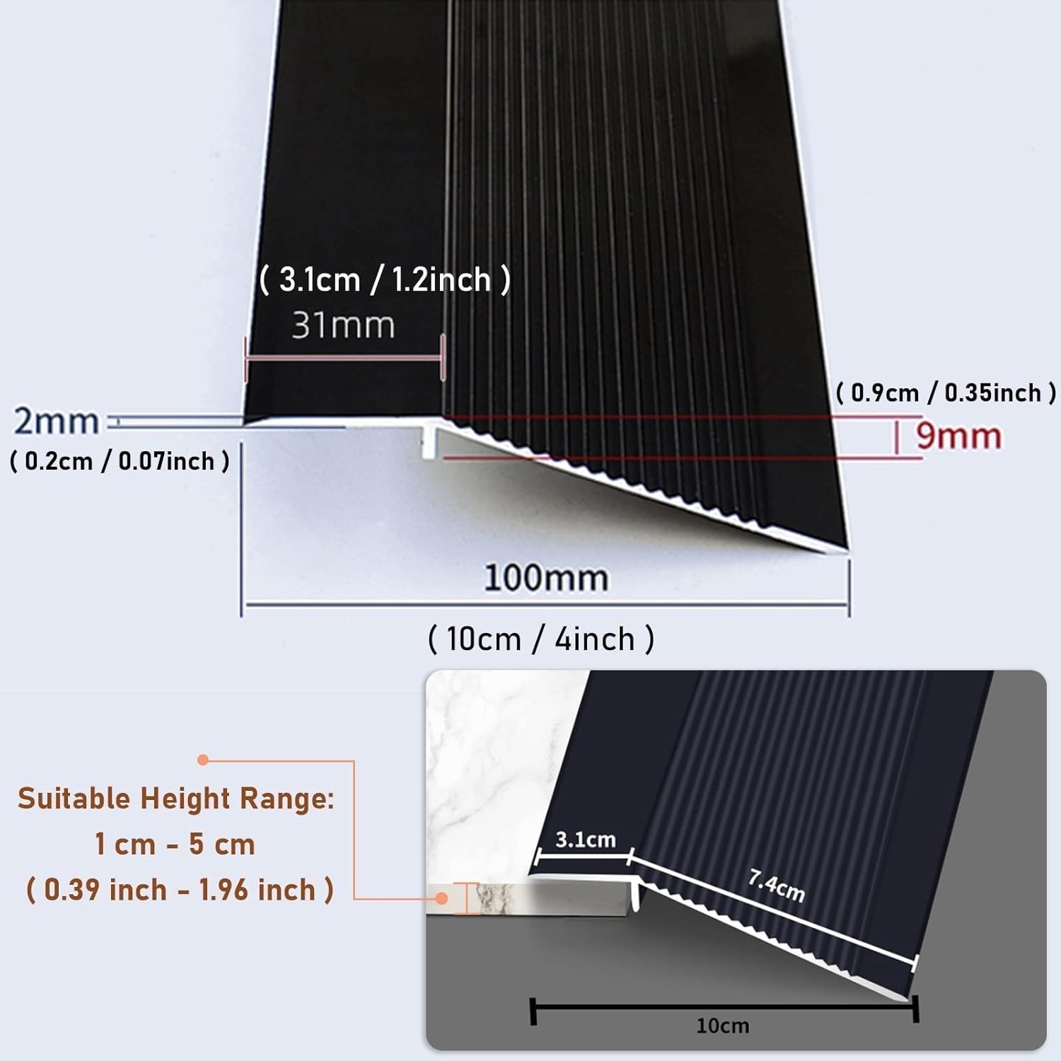 Rodapié de transición de suelo de 4 pulgadas de ancho para suelos laminados de vinilo de madera, color gris (125 cm de largo)