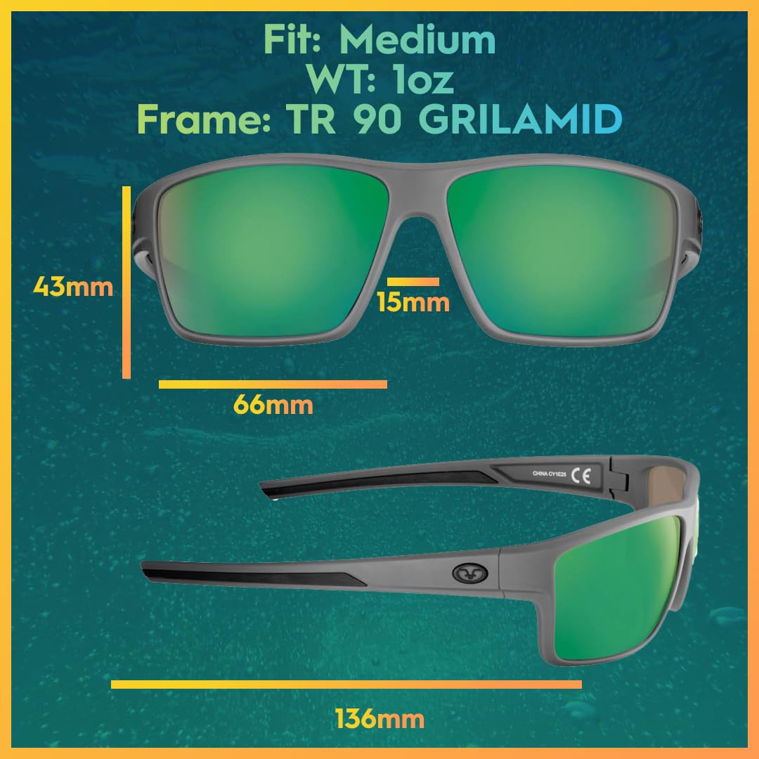 Flying Fisherman Mojarra Polarized Rectangular Sunglasses, Matte Gray Frame/Amber-Green Mirror Lens, Medium, Matte Gray Frame/Amber-green Mirror Lens, Medium 1