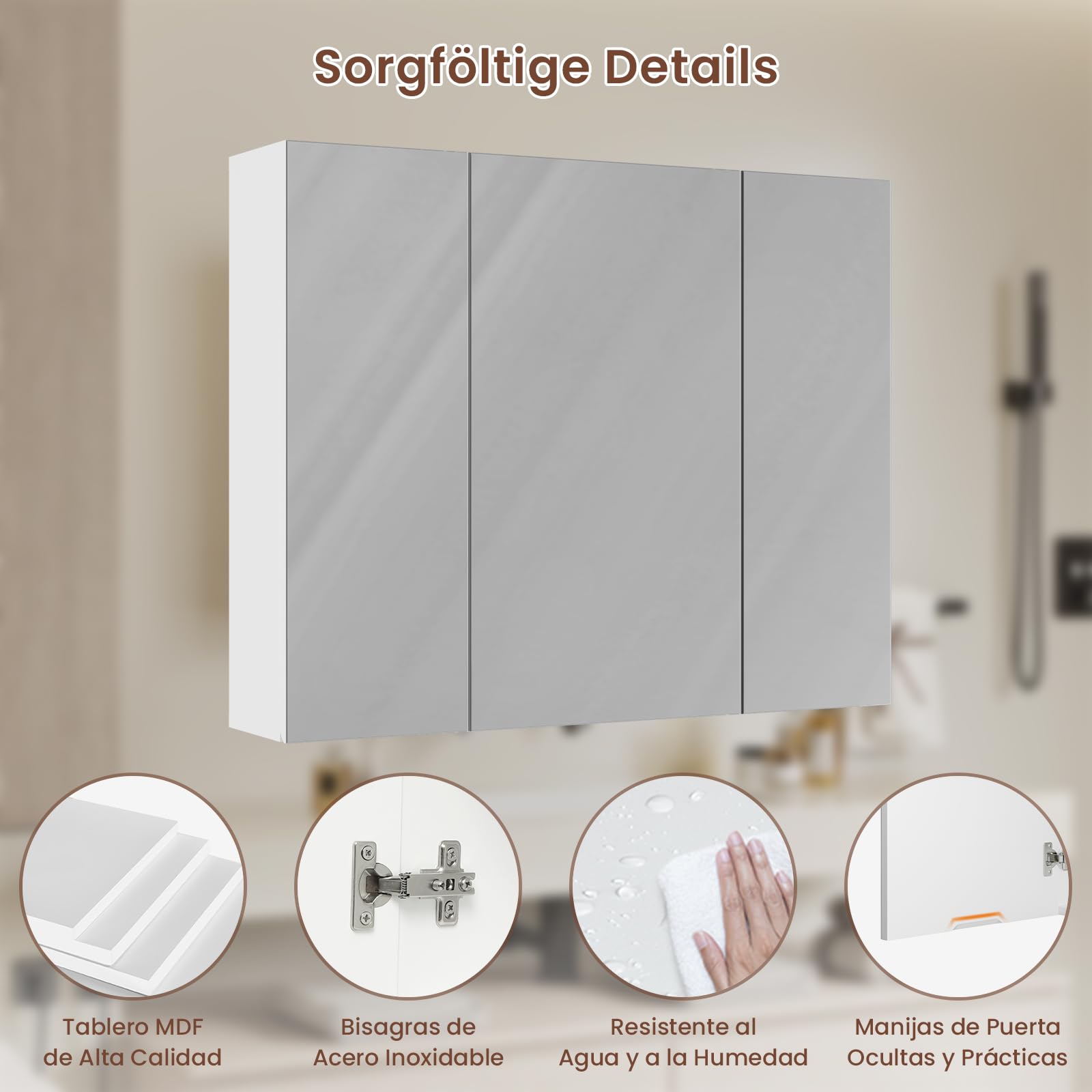 DICTAC Armario de Baño con Espejo 70x60x16cm Armario de Pared con 3 Puertas y Estantes Ajustable Espejo de Pared con Espacio Interno de Almacenamiento, 70cm Armario con Espejo para Baño,Blanco