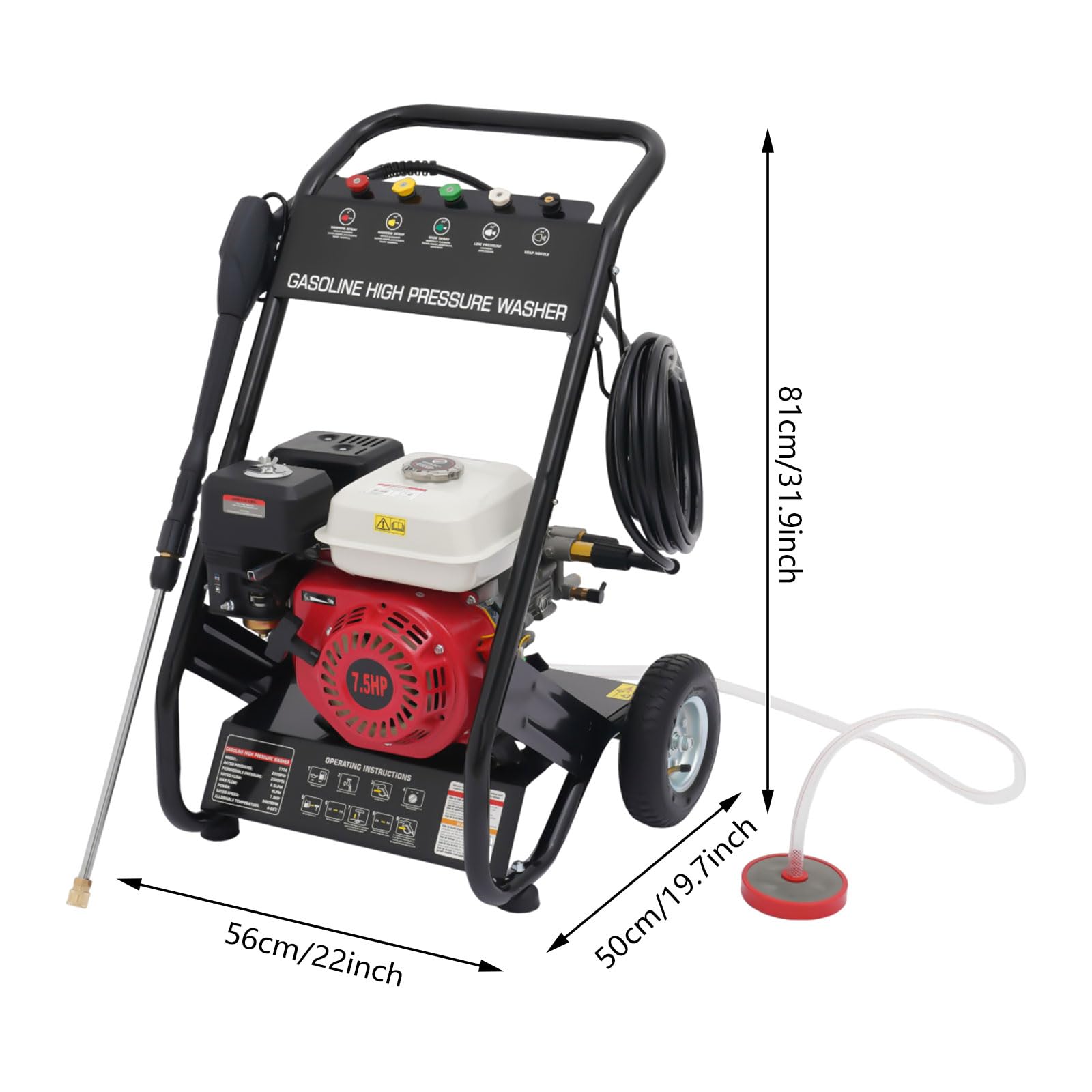Limpiador de alta presión, limpiador a presión 7 CV 170 Bar 2200 PSI 5 boquillas | Para coche, terraza, limpieza de alta presión con manguera, 8 m, ruedas 8 y 5 boquillas incluidas