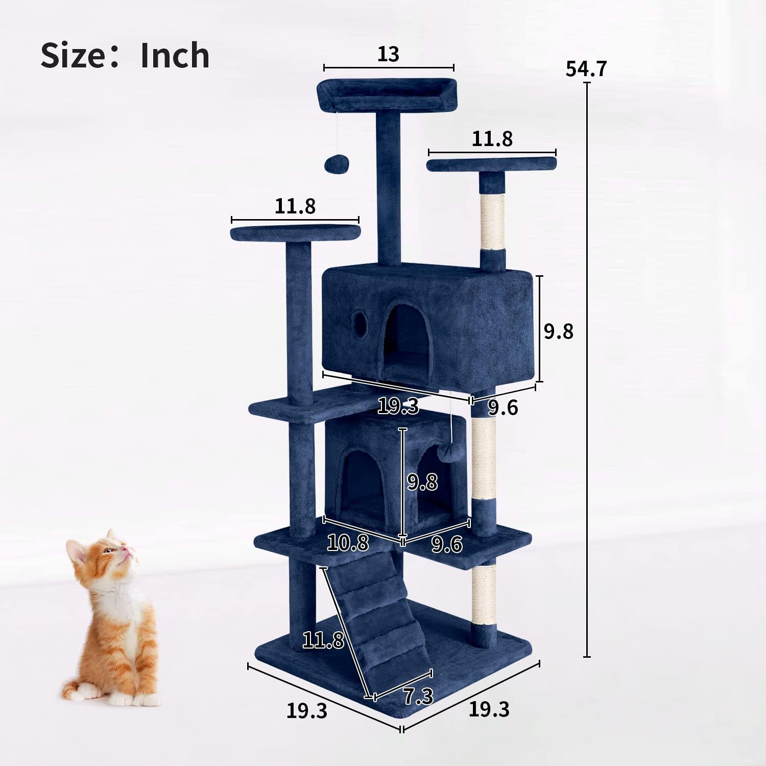 Diagram showing dimensions of the 54-inch cat tree