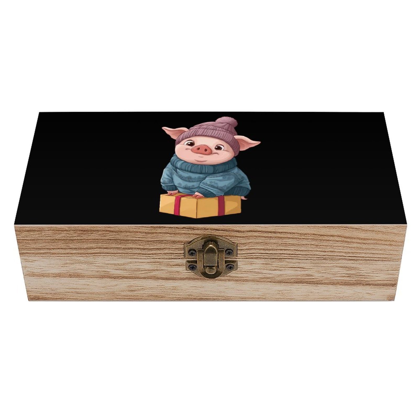 HLBSDM Cute Christmas Pigs Wooden Box with Hinged Lid Decorative Storage Case Container