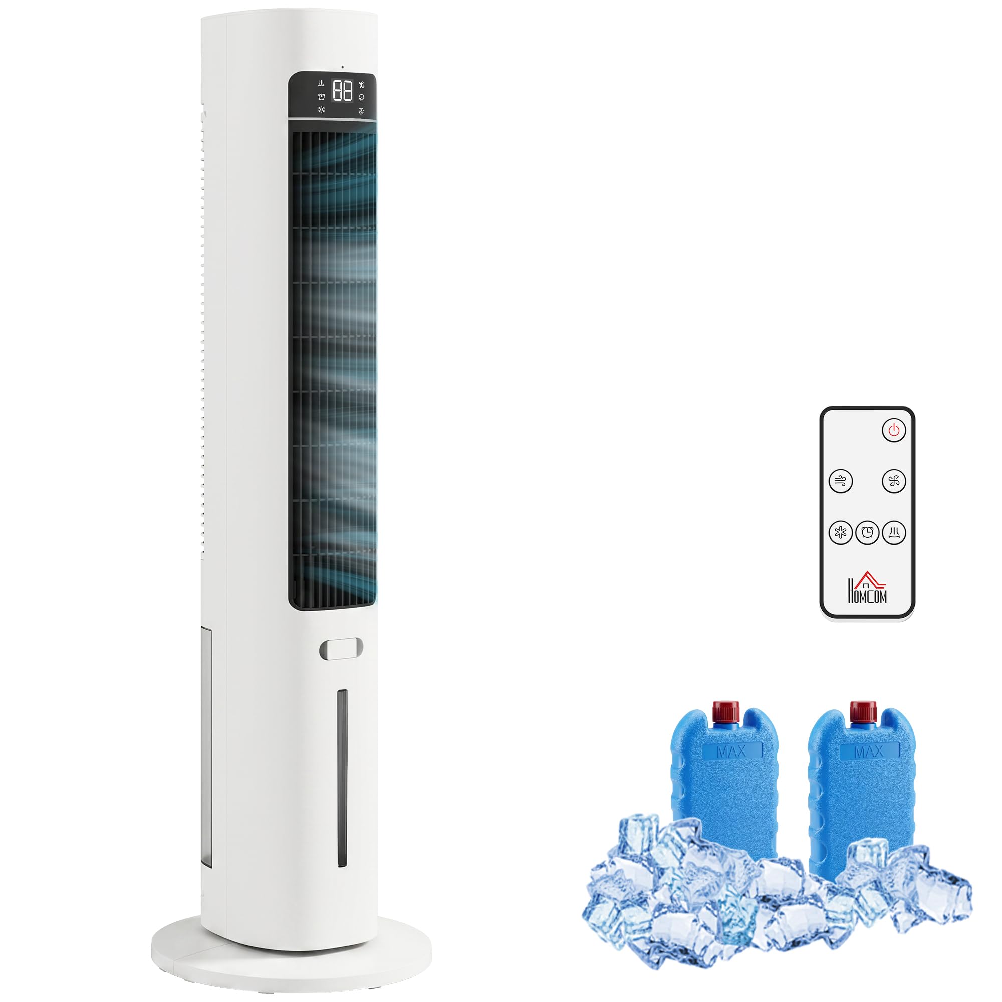 HOMCOM Climatizador Evaporativo de Torre 3 en 1, Enfriador de Aire Portátil con Depósito de 3 L, Oscilación 48°, 3 Velocidades, 3 Modos, Temporizador 12h y Mando a Distancia, 2 Acumuladores de Frío