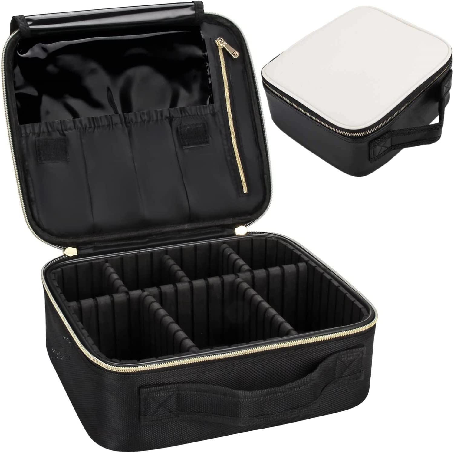 LACOPINE Makeup Train Case, Professional Cosmetic Organizer Make Up Artist Box with Adjustable Dividers for Women (Black & White, 10 INCH (1 Layer))