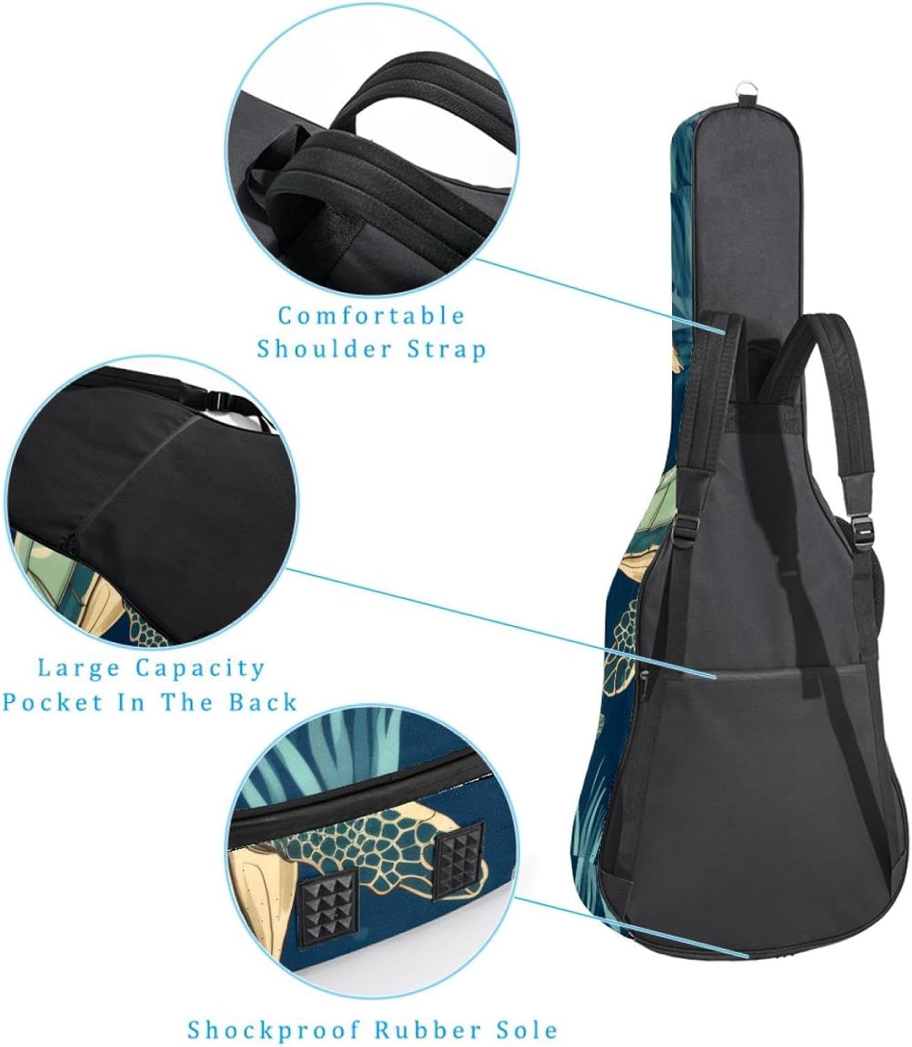 Acoustic Guitar Bag 0.4 Inch Thick Padding Waterproof Guitar Case Gig Bag for 40 41 42 Inch Electric Bass Classical Guitar, Small Sea Turtle Seamless Pattern