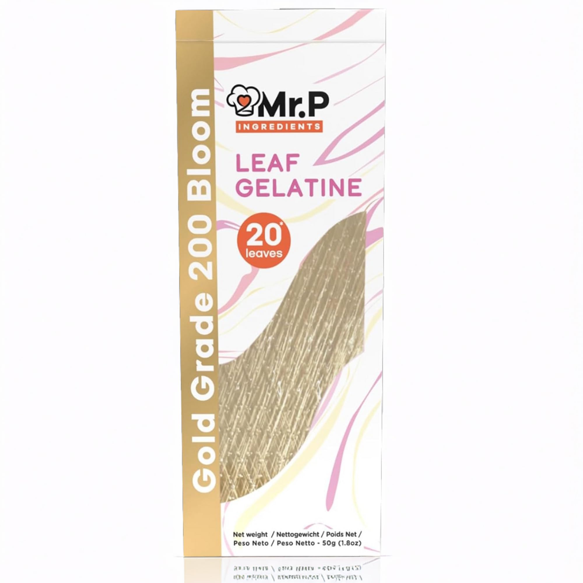 Mr.P Ingredients Leaf Gelatine 20 Leaves 50 gr Gold Grade 200 Bloom Gluten Free Non-GMO Pork Gelatine Sheets Resealable Pouch
