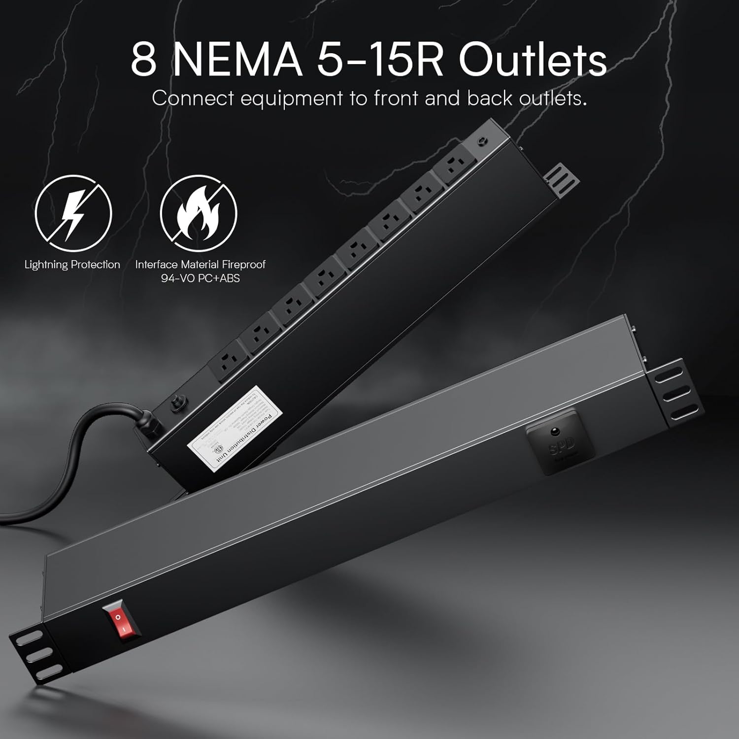 8 Outlet Horizontal 1U Rack Mount PDU Power Strip with Surge Protector - 110V/15A - 6ft Power Cord for Network Server Racks (PDU-03)