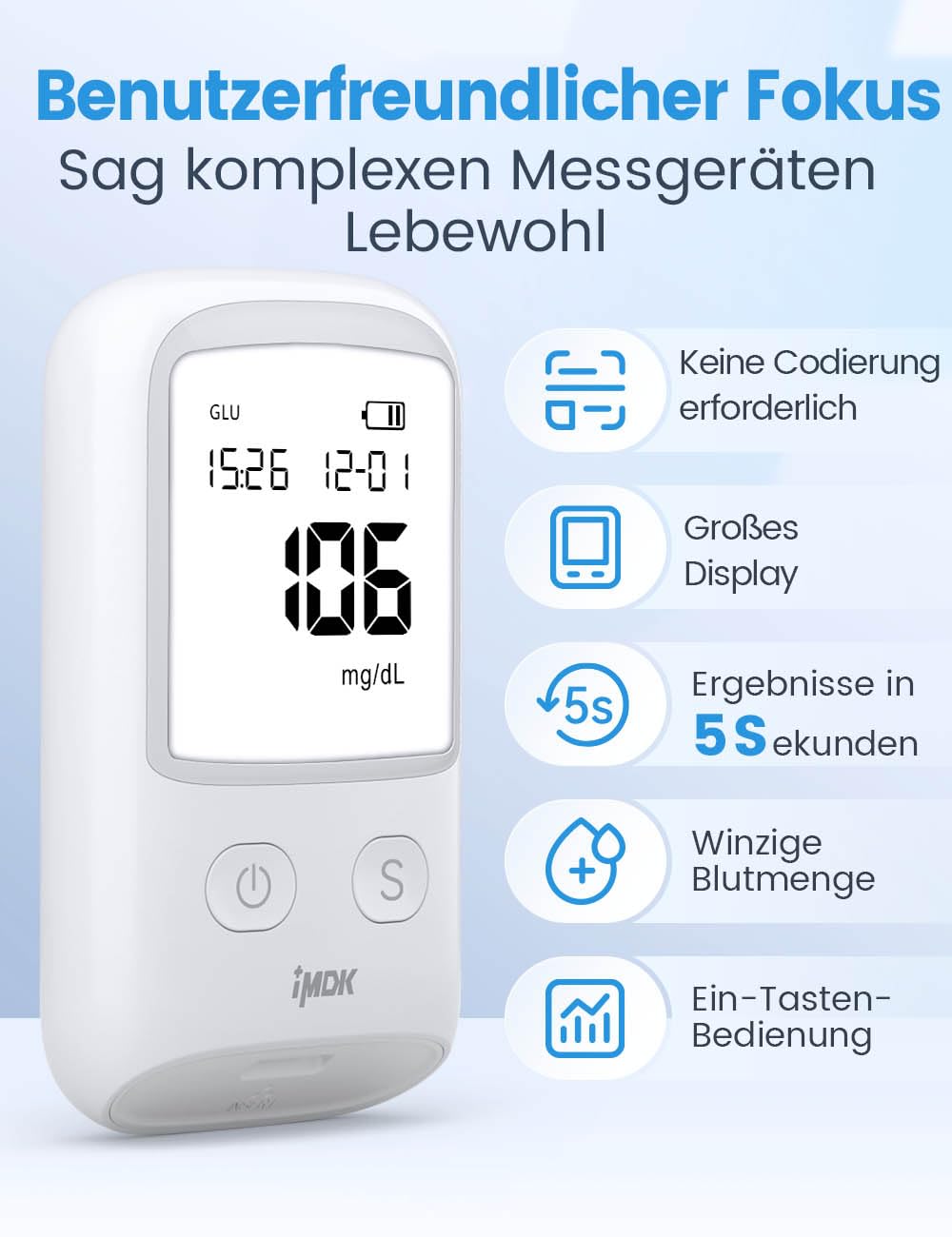 Blutzuckermessgerät-Set (mg/dl), 𝐊𝐥𝐢𝐧𝐢𝐬𝐜𝐡 𝐩𝐫ä𝐳𝐢𝐬𝐞𝐬 Blutzuckermessgerät mit 100 Teststreifen, 100 Lanzetten und 1 Stechhilfe – codierungsfrei & großes Display