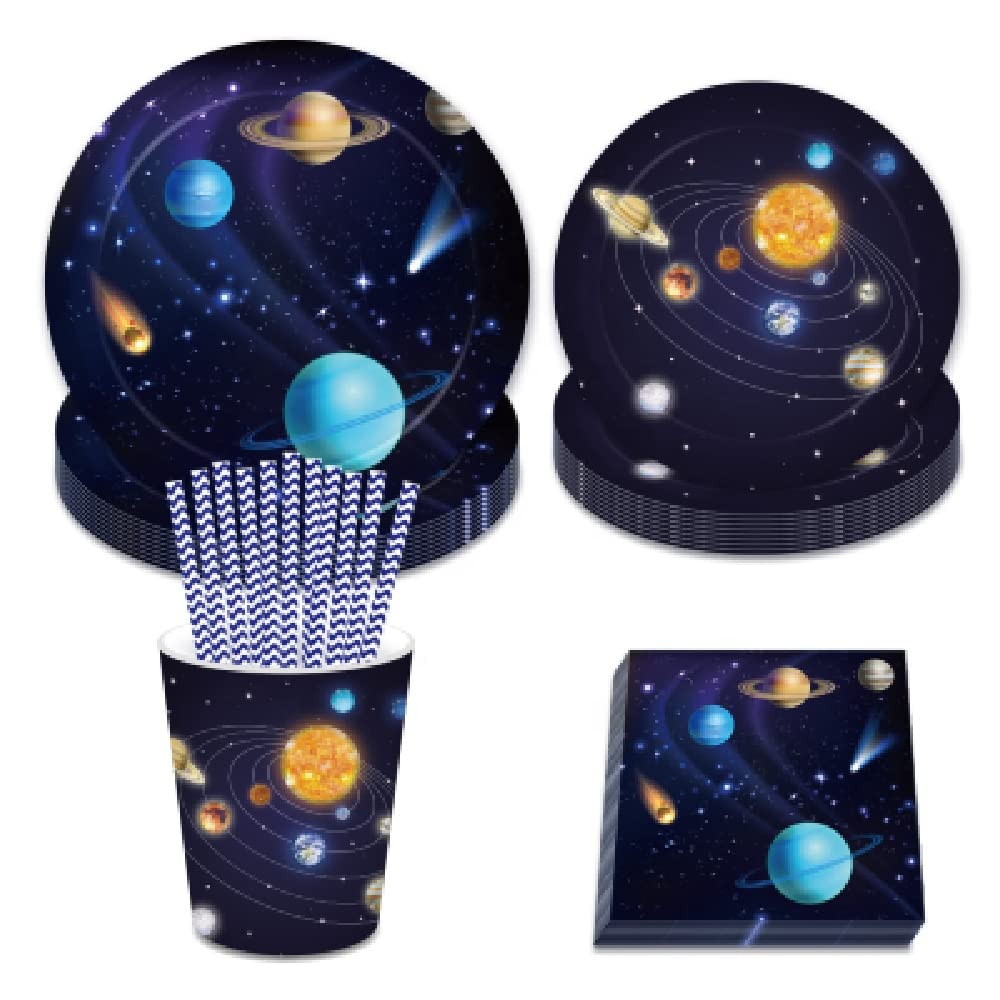 thePartyPopper Space Theme Tableware Set Party Supplies Including Plates, Cups, Napkins, Straws, for Kids Birthday Solar System Astronaut Themed Party