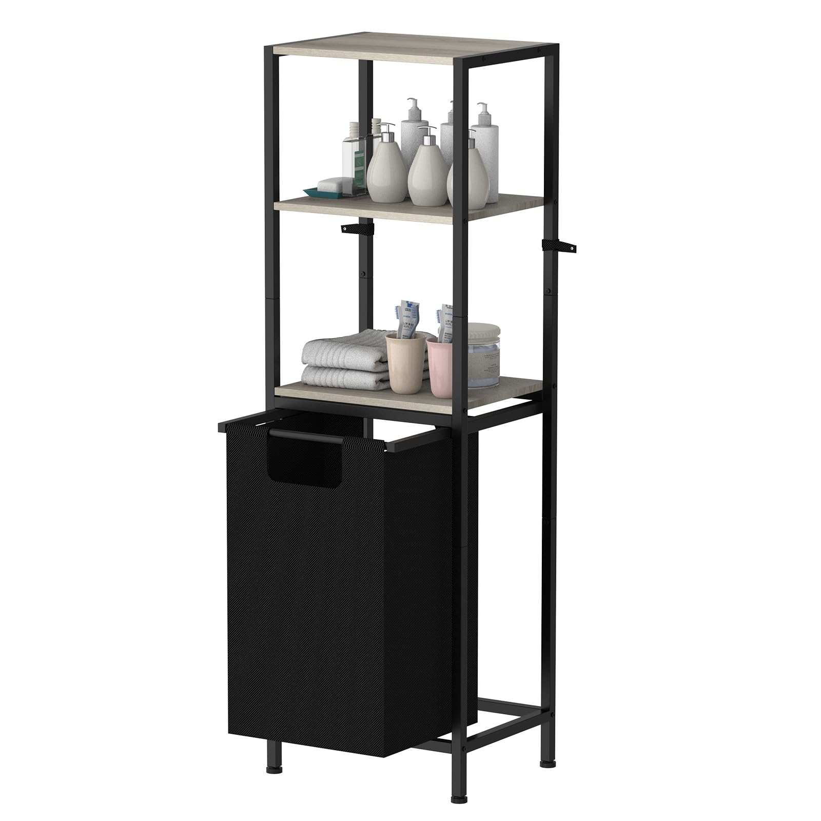 CADUKELaundry Basket with Storage Rack Laundry Hamper with Shelf 3-Tier Laundry Basket Cabinet Storage Pull-Out and Removable Laundry Bags Grey Laundry Sorter for Bathroom Bedroom, Farmhouse