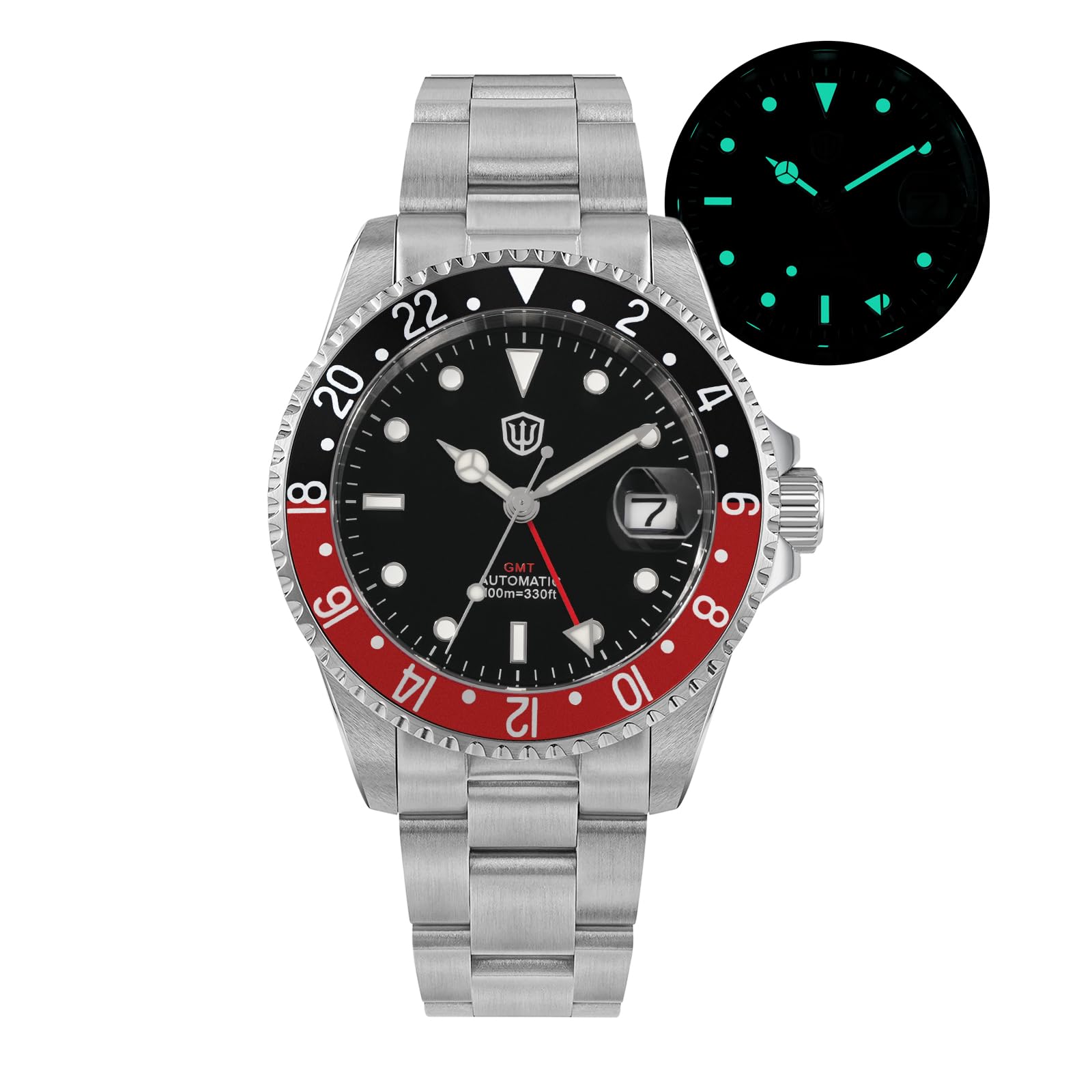 watchdives GMT-Uhren für Herren, WD0014, Taucheruhr mit Zwei Zeitzonen, NH34, automatische Vintage-Armbanduhr, 40 mm, Aluminium-Lünette