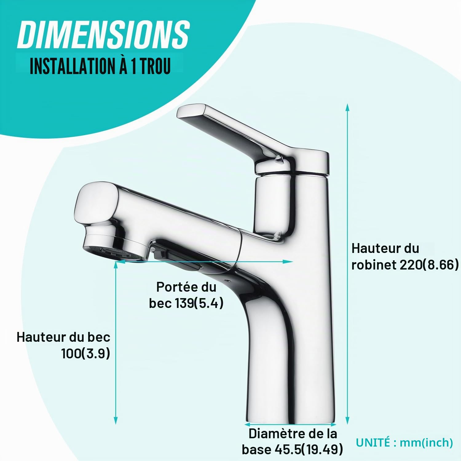 CREA Robinet Salle de Bain avec Douchette Extractible, Robinet de Lavabo Mitigeur et Deux Modes D’écoulement D'eau, Levier Mélangeur Monotrou Laiton Chromé Poli