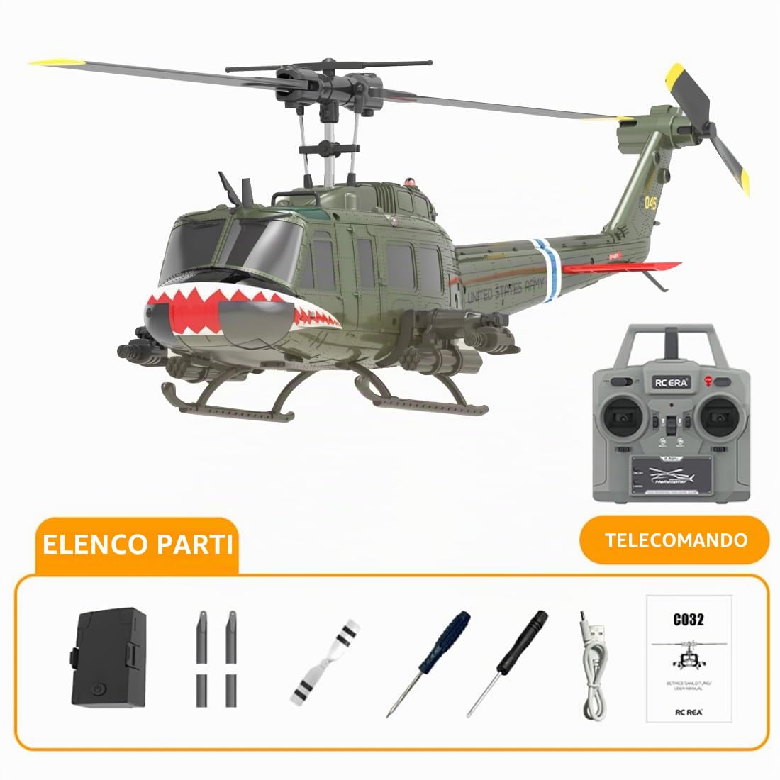 RC ERA C032 UH-1 Huey RC Elicottero per adulti, scala 1/48 6CH 2.4G Flybarless Gyro Stabilizzato Aircraft con Posizionamento del flusso ottico e atterraggio One-Key -RTF/2 batteria