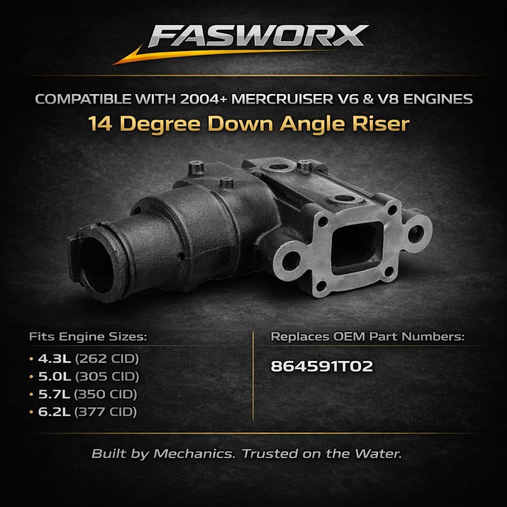 FASWORX Exhaust Manifold & Riser Kit for MerCruiser 5.0L & 5.7L & 6.2L V8 (305/350/377), 14 Degree Riser Elbow, Dry-Joint 2005+ - Replaces 865735A02, 864591T02