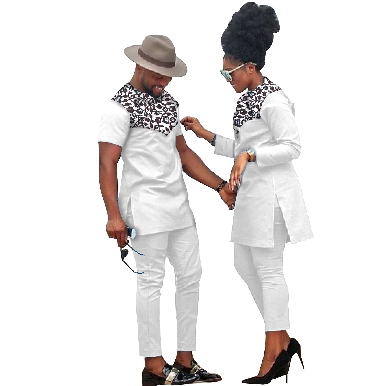 Maxpick Men's 727 5 African Coupleswear Wo's Ankara Printed Top And Trousers Set Bazin Riche Matching Top And Trousers Set Large