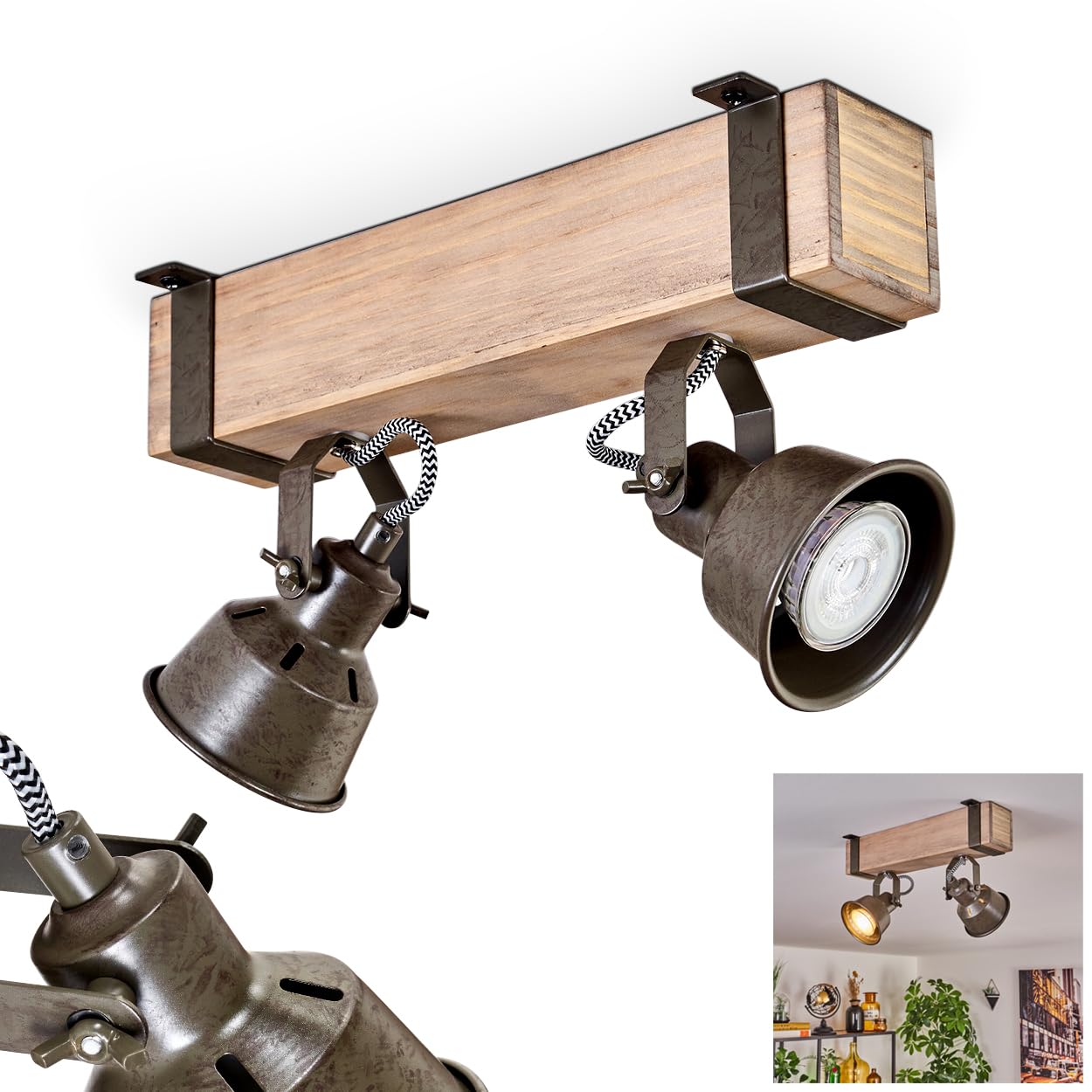 Plafonnier Pehefito de HOFSTEIN, plafonnier moderne en métal/bois vert-gris/naturel, plafonnier au design industriel avec abat-jour réglable, 2 ampoules, 2 x GU10 sans ampoules