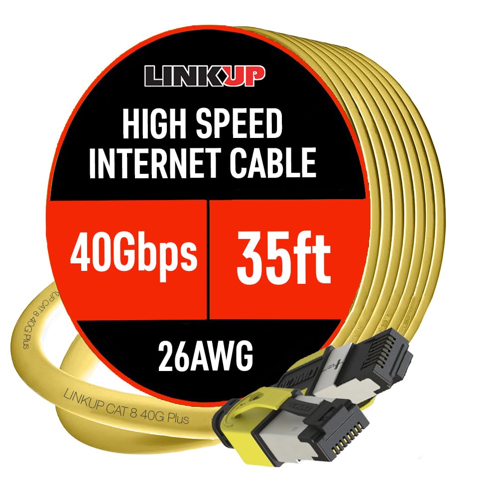 LINKUP - [Certificato 40Gbps] Cavo Patch Ethernet Cat8 con Doppia Schermatura┃2000MHz (2GHz) Cat8.1┃Cavi LAN a Prova di Futuro Compatibili con Cat7A Cat7 Cat6A Reti 25G 10G 1G┃Giallo┃35ft (10.6 metri)