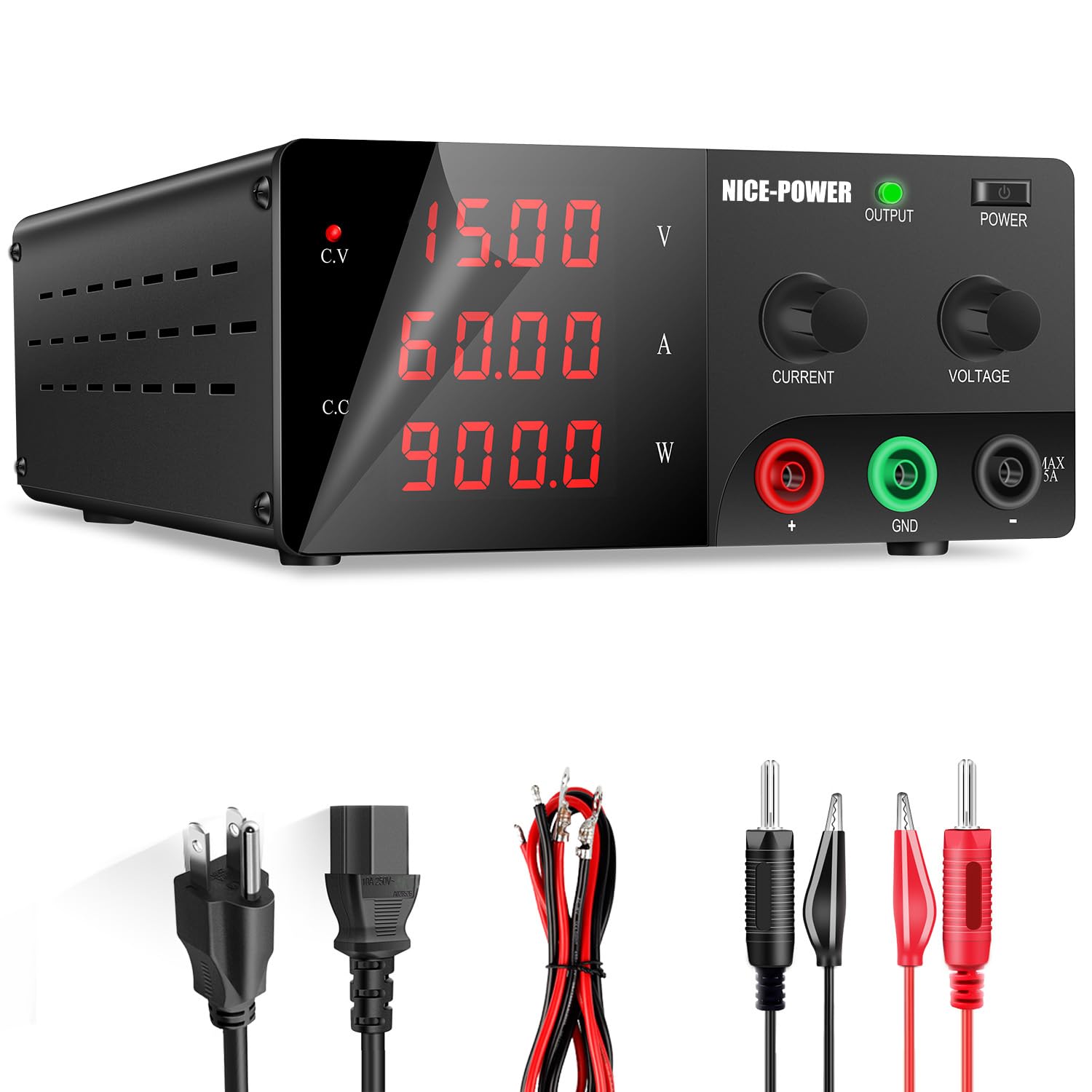 NICE-POWER DC Power Supply Variable, 0-15V 0-60A 900W High Power Bench Power Supply with Encoder Knob &amp; Output Switch, Benchtop Adjustable Switching Regulated Power Supplies for Repair/Test(Black)