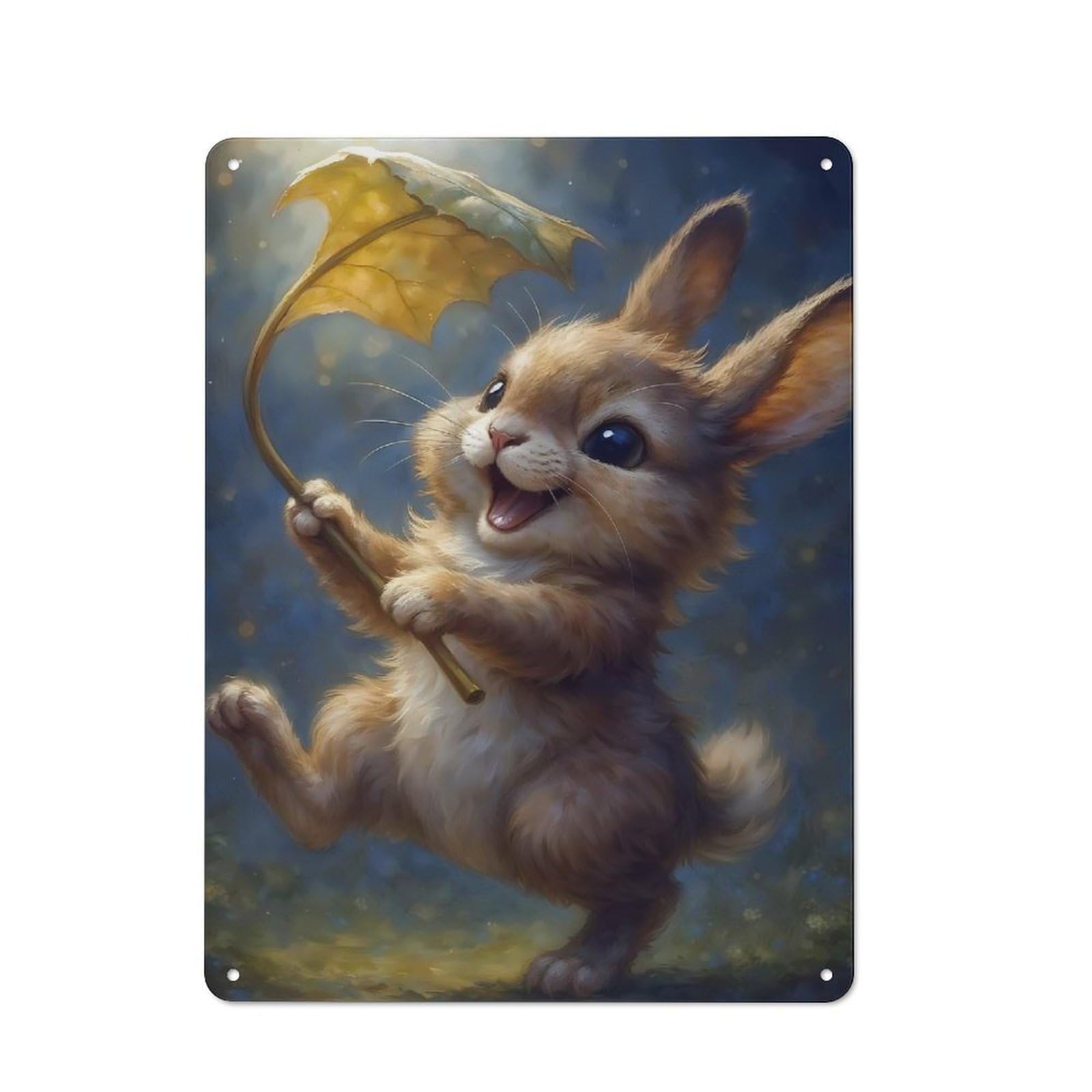 Junmoney Style For Hobby Room Or Studio, Happy Bunny With Leaf Umbrella Retro- Tin Sign 40X30cm, For Room Styling Across Hobby Rooms And Studios