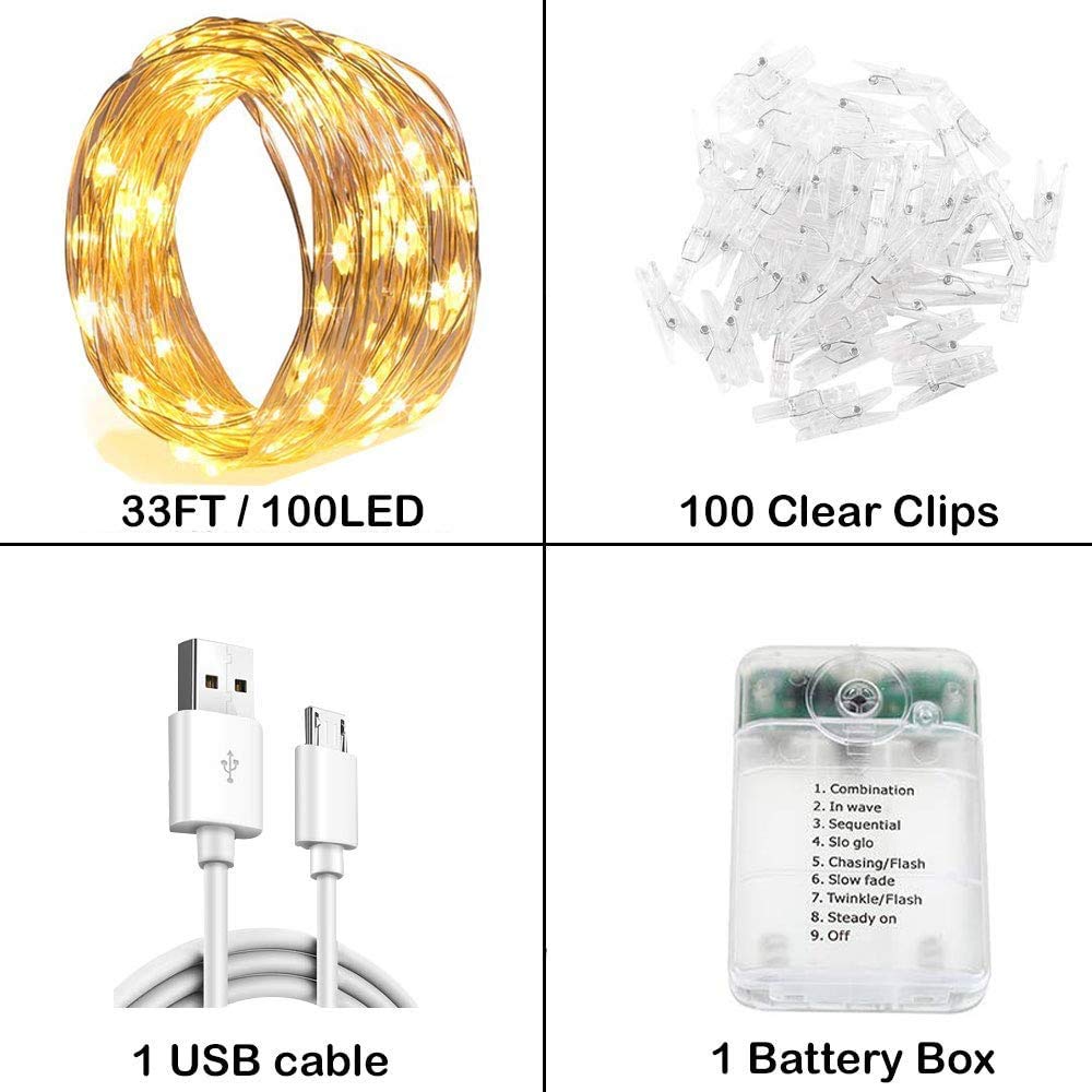 Cadena de luces con clips para fotos, impermeable, 100 luces LED, funciona con pilas, luces parpadeantes de hadas para bodas, fiestas, Navidad, decoración del hogar, luces para colgar