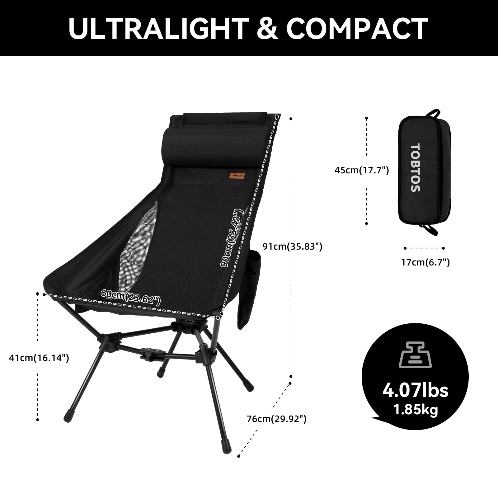 TOBTOS?áHigh?áBack?áCamping?áChair,?áLightweight?áCamping?áChair?áwith?áHeadrest,?áStable Portable?áFolding Chair for?áOutdoor?áCamp,?áHiking, Backpacking?á(Black)
