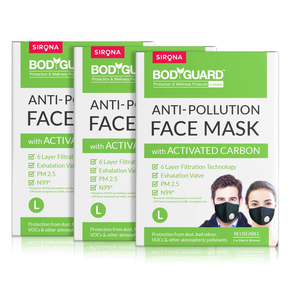 Bodyguard Reusable N99 + PM2.5 with 6 Layer Anti Pollution Face Mask - (Pack of 3, Large)-image-38