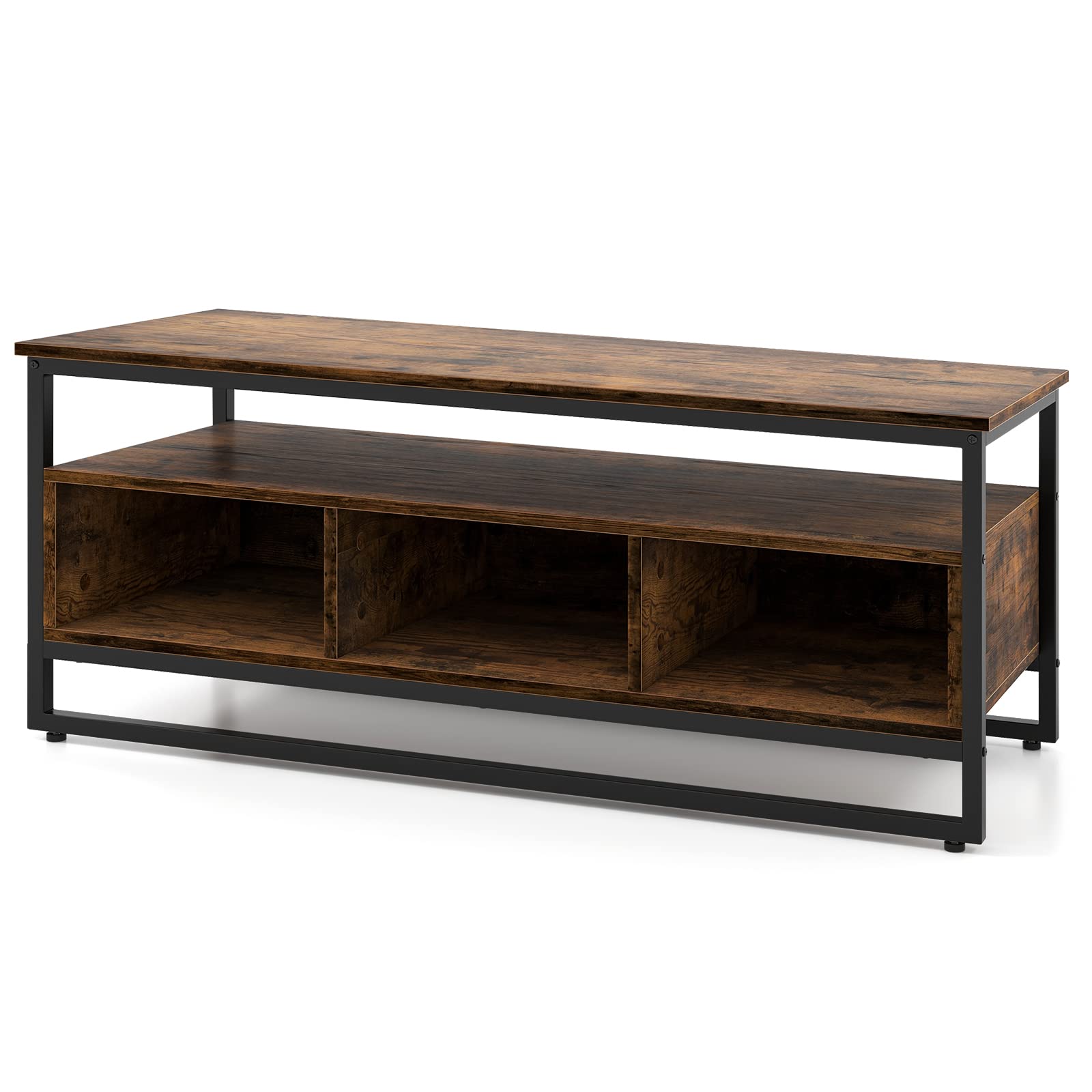 Multigot Coffee Table, Wooden Snack Sofa Side Tea Table with Open Shelf & Compartments, Rectangular Cocktail Center Table for Living Room Bedroom (Rustic Brown + Black, 110 x 43 x 45cm)