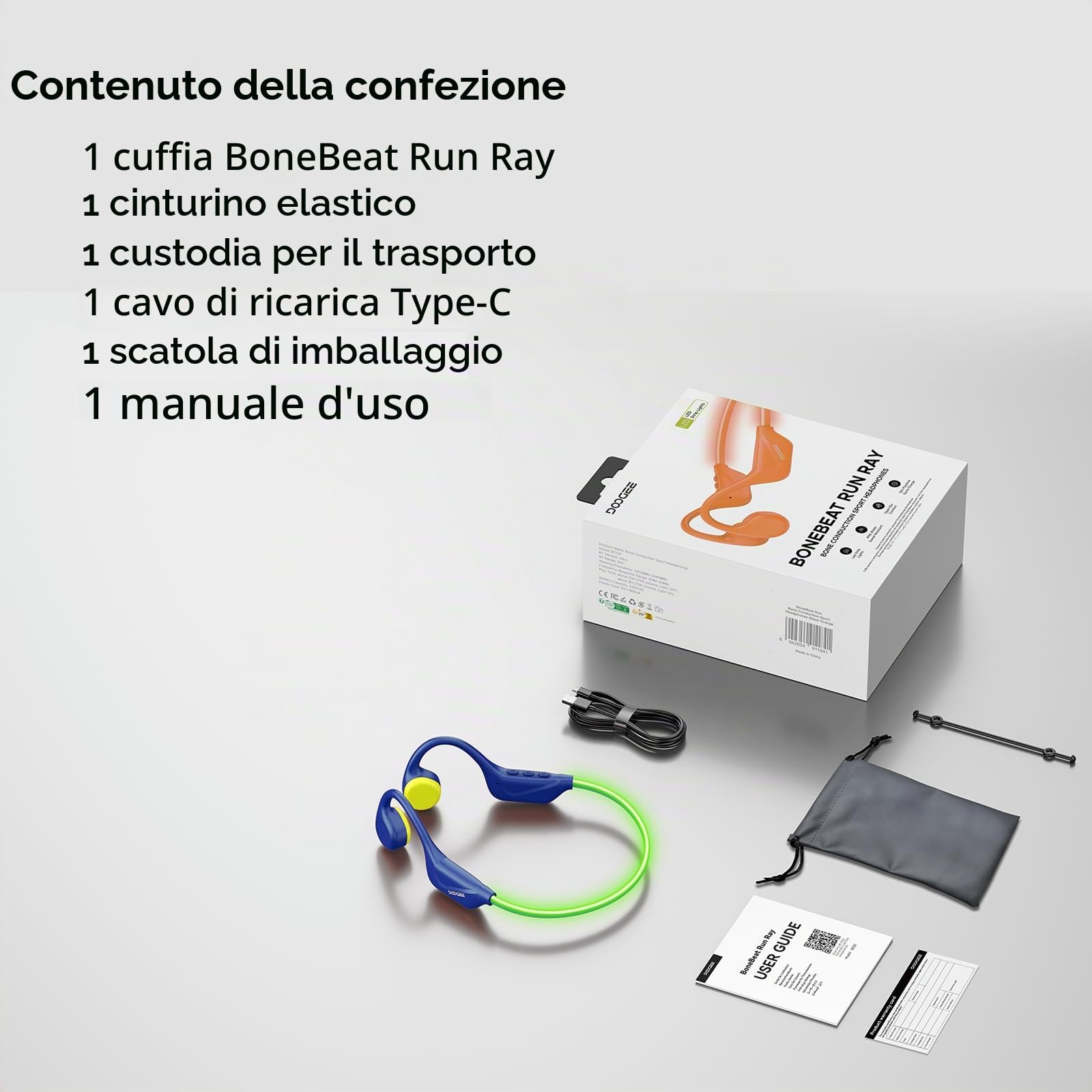 BoneBeatRunRay Cuffie Conduzione Ossea Auricolari Conduzione Open Ear BT6 Auricolari Sportive Impermeabili IP66 Luce LED di Sicurezza 10 Ore Autonomia Ricarica Rapida per Corsa Palestra -Blu