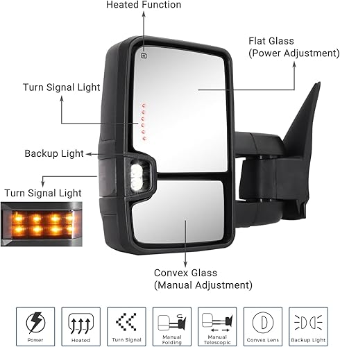Miniatura 2 de HF Autoparts Espejos de remolque compatibles con Chevy Silverado 2003-2007, espejos de remolque GMC Sierra, par eléctrico calentado con luz de señal