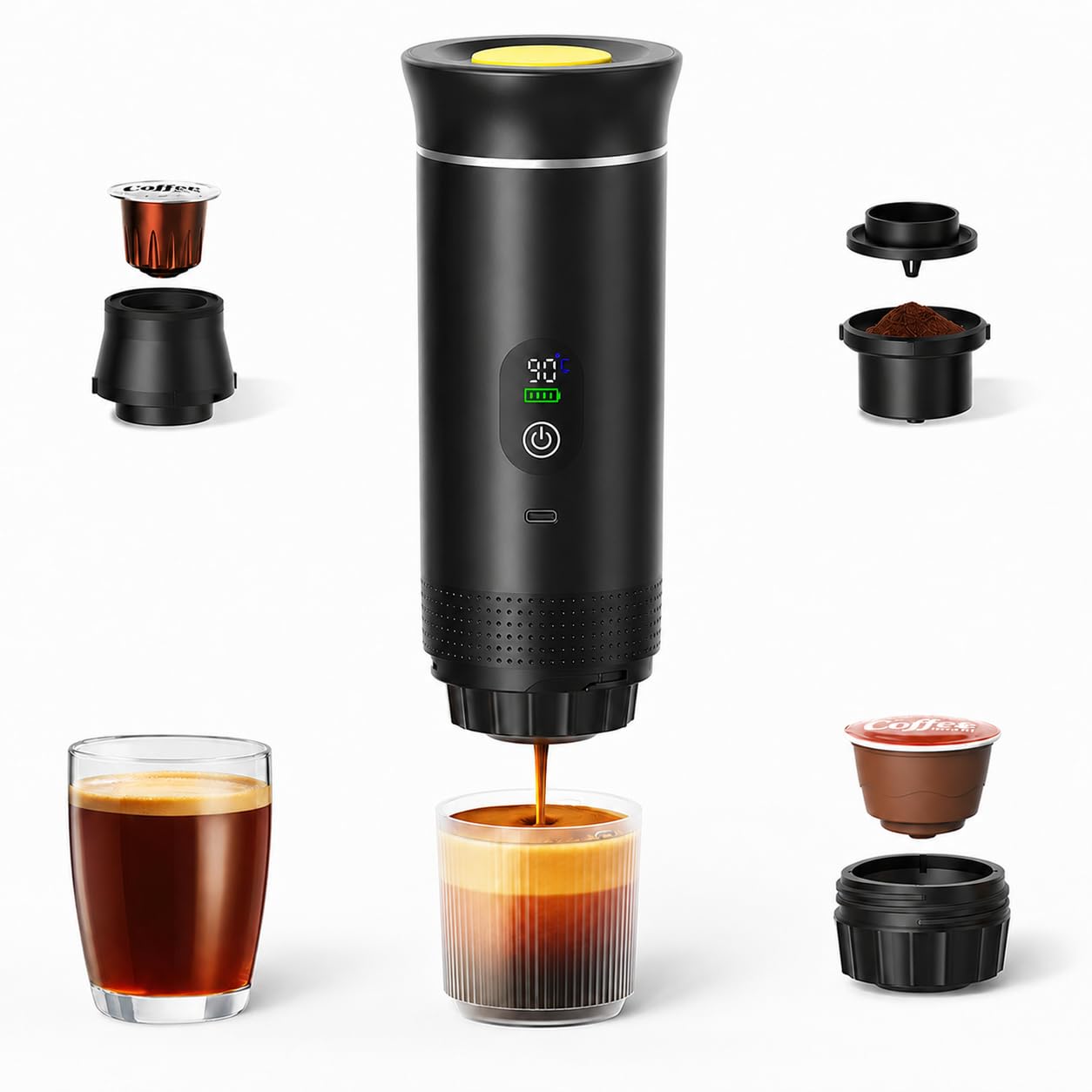 Cafetera portátil eléctrica con pantalla digital, cafetera de viaje compacta, negro