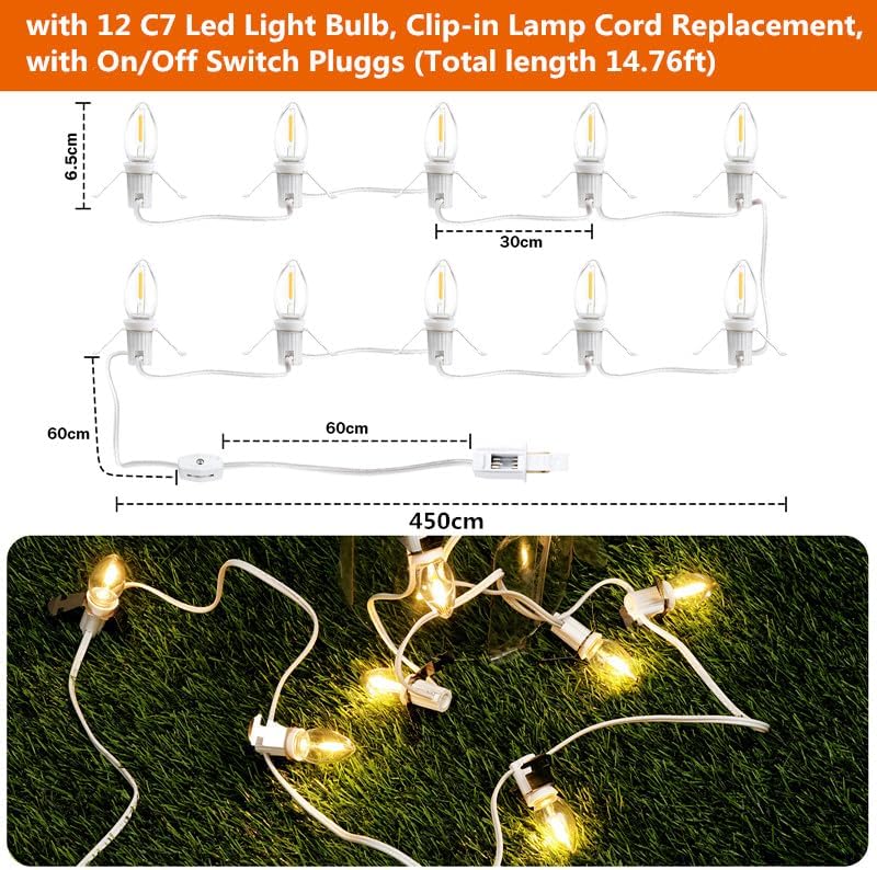 Miniatura 2 de C7 - Cable de accesorio blanco con 12 bombillas LED y salida de luz de pueblo de Navidad, cable de 14.76 pies con fusible de repuesto, lámpara