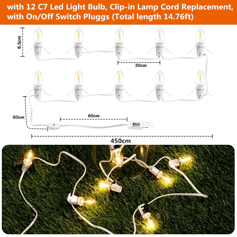 LCMLA C7 White Accessory Cord with 12 LED Light Bulbs and Outlet Christmas Village Light 14.76ft with Spare Fuse Warm White Lamp for Christmas Village Houses Craft Decoration