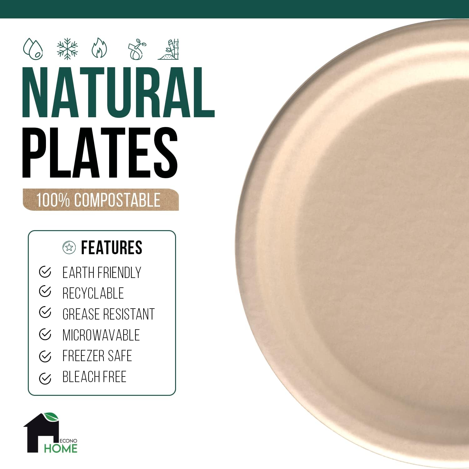 EconoHome 9 Inch Compostable Paper Plates [125-Pack] - Eco-Conscious Disposable Plates Made of Bagasse or Sugarcane Fiber - Microwave, Refrigerator-Safe - Heavy Duty Paper Plates for Dinner
