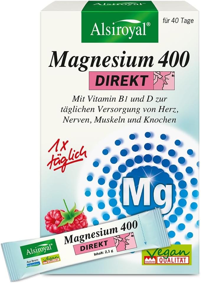 Alsiroyal Magnesium 400 Direkt Framboos, magnesiumcomplex met vitamine B1 en D3 voor dagelijkse verzorging van hart, zenuwen, spieren en botten (40 sticks), veganistisch en zonder toegevoegde suikers