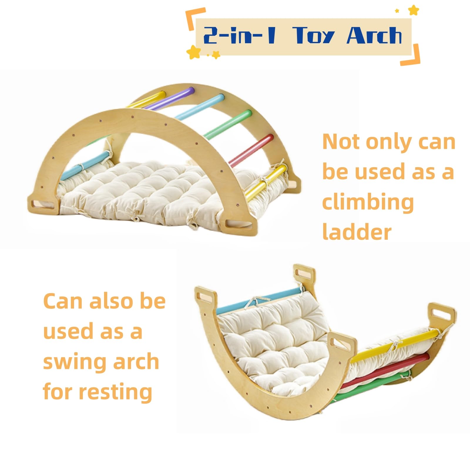 LIFEZEAL 3 en 1 Arche d'escalade en Bois, Carde à Grimper pour Enfants Intérieur, Bateau à Bascule avec Coussin Doux à Double Face, Charge de 50 kg, 1+ Ans,Coloré