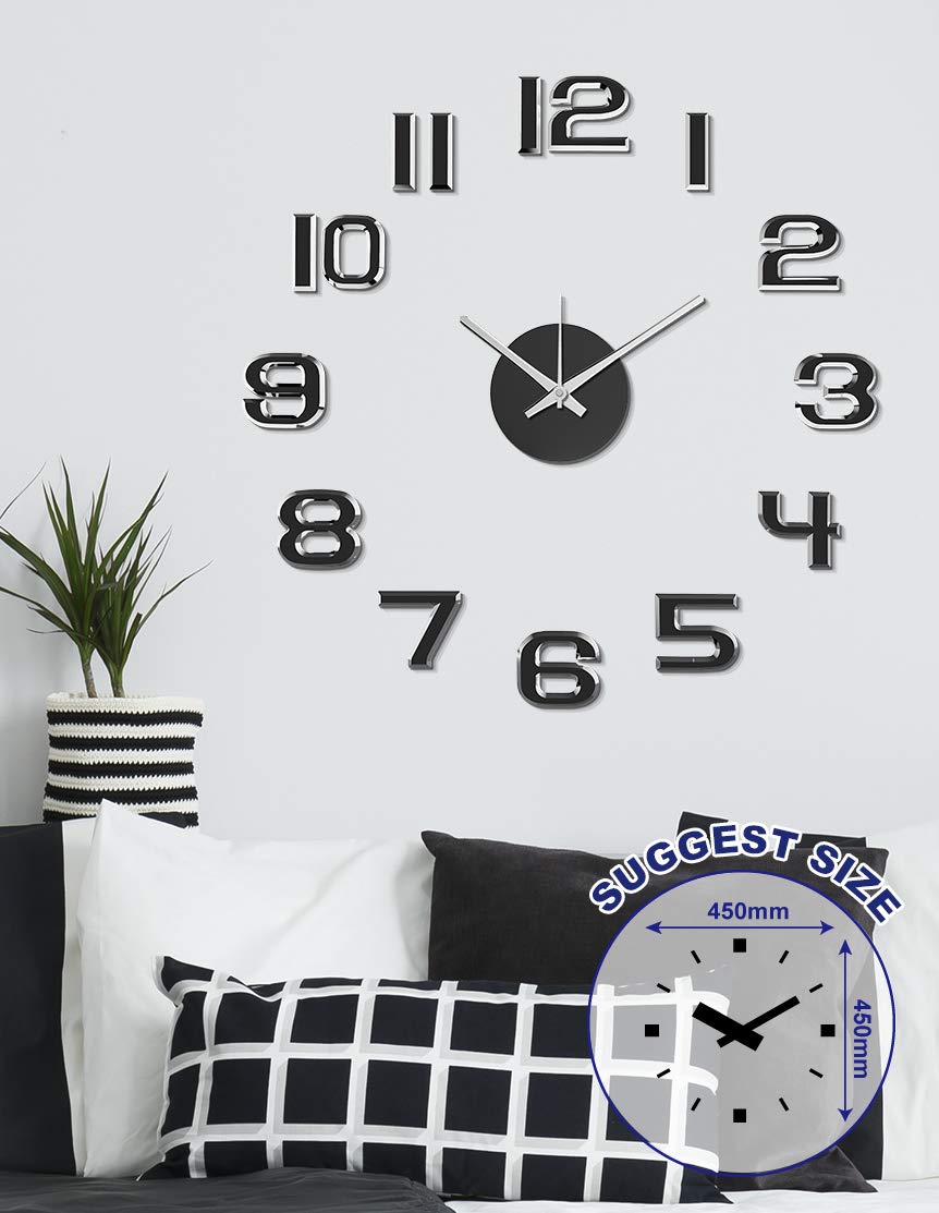 Shopper52 DIY Wall Clock 3D Sticker Home Office Decor Wall Clock (Covering Area : 45cm * 45cm) (Black)
