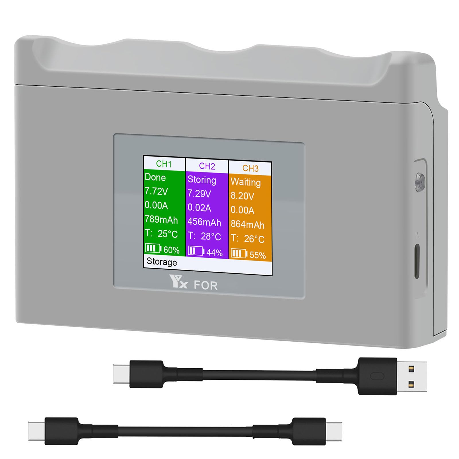 Station de charge de batterie à écran LCD 3 voies avec capacité de stockage et de charge rapide