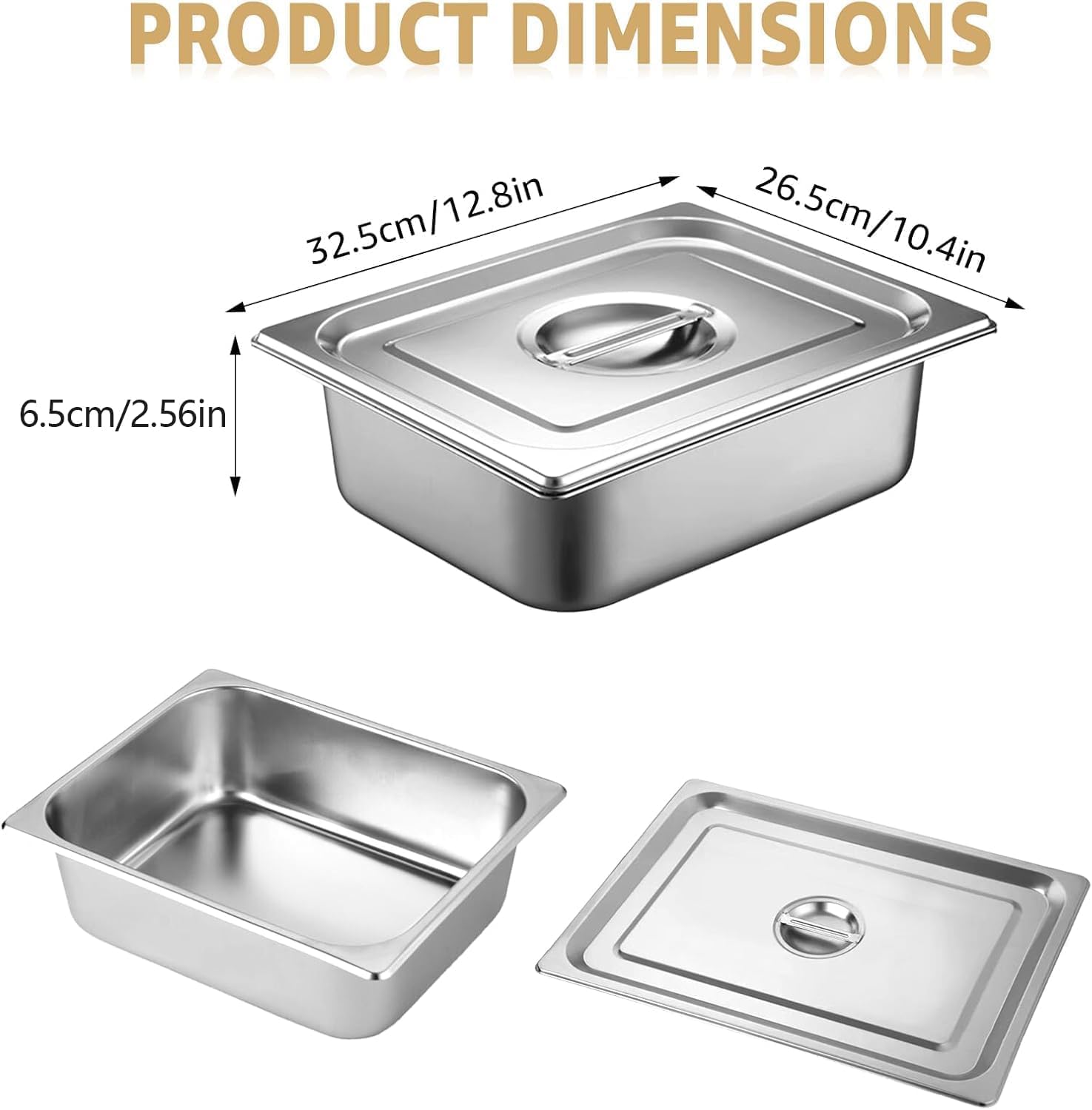 6 Stück GN 1/2 Behälter, 32,5 x 26,5 x 6,5 cm Edelstahl Behälter mit Deckel, Gastro Behälter für Speisen, Torten, Hotelpfanne Tisch Food Pan