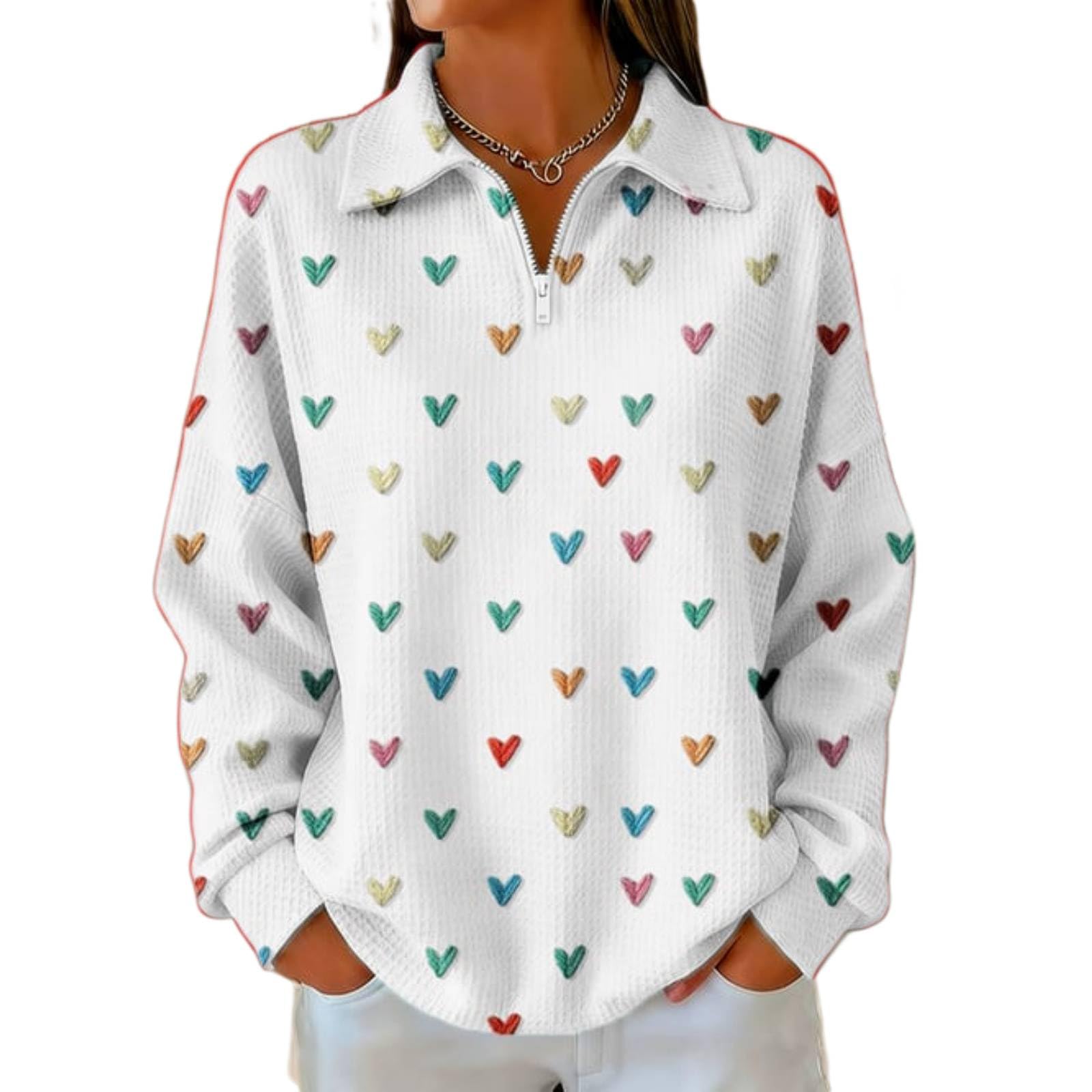 Womens Quarter Zip Pullover Cute Love Heart Graphic Valentines Sweatshirts Waffle Knitted Sweater Loose Slouchy Tops