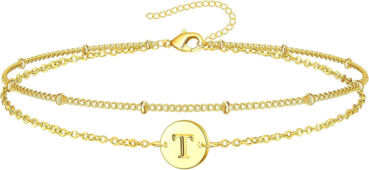 Inerney Personalized Gold Initial Bracelets for Women - Dainty 14K Gold Plated Layered Disc Monogram Charm Bracelet, Customizable A-Z Letter Jewelry Gift for Her